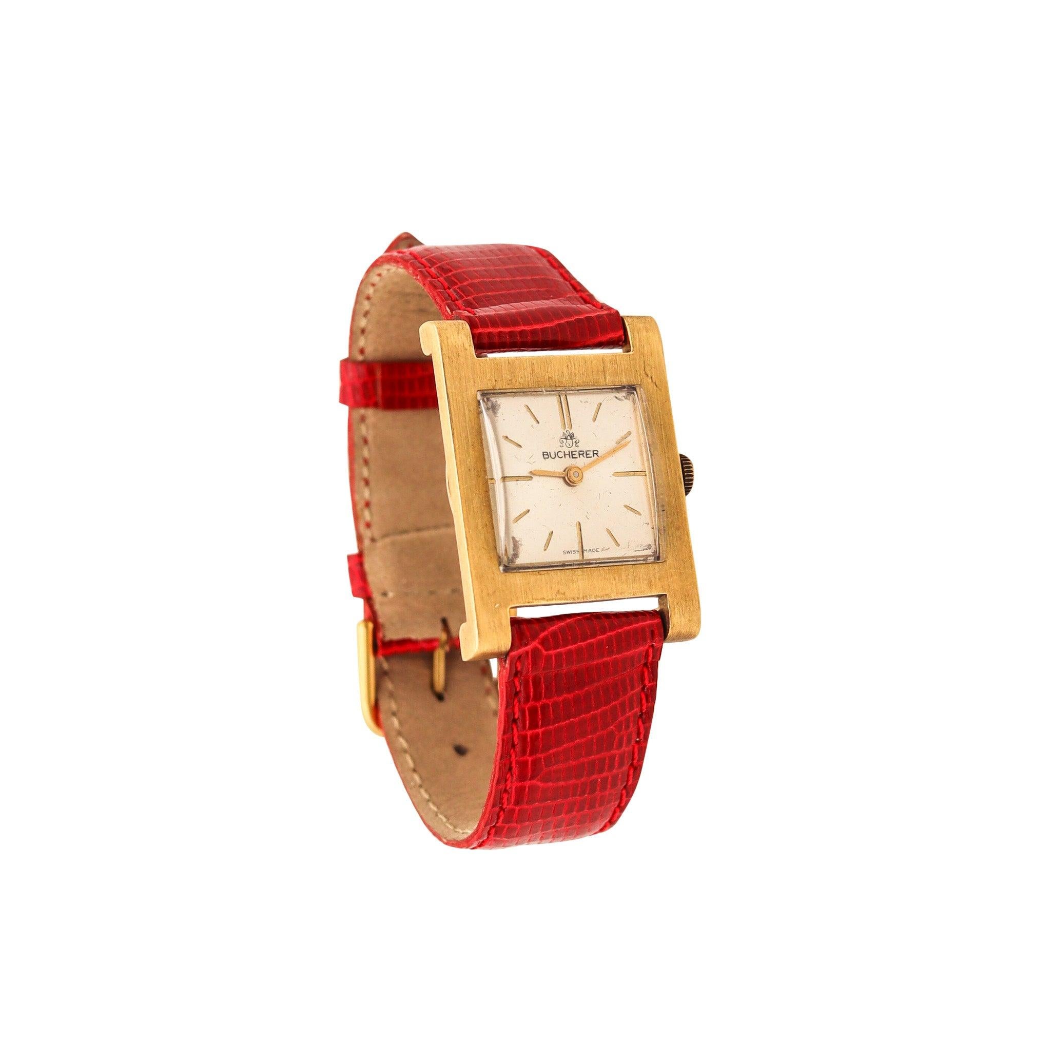 BUCHERER Swiss Wristwatch In 18Kt Yellow Gold With Red Lizard Leather Strap For Sale 4