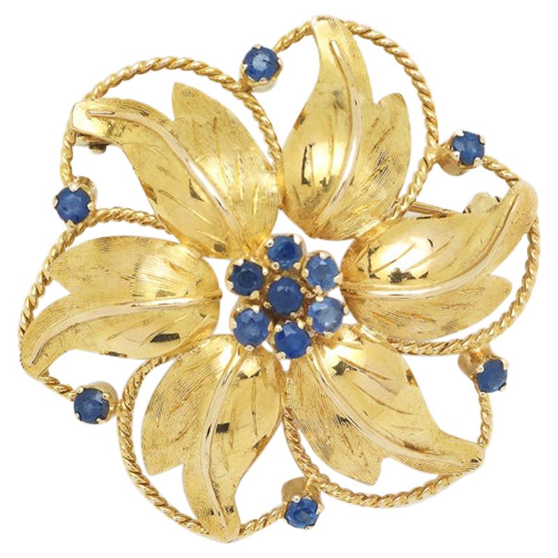 Bucherer Switzerland, Yellow Gold Floral Brooch with Sapphires, ca 1960