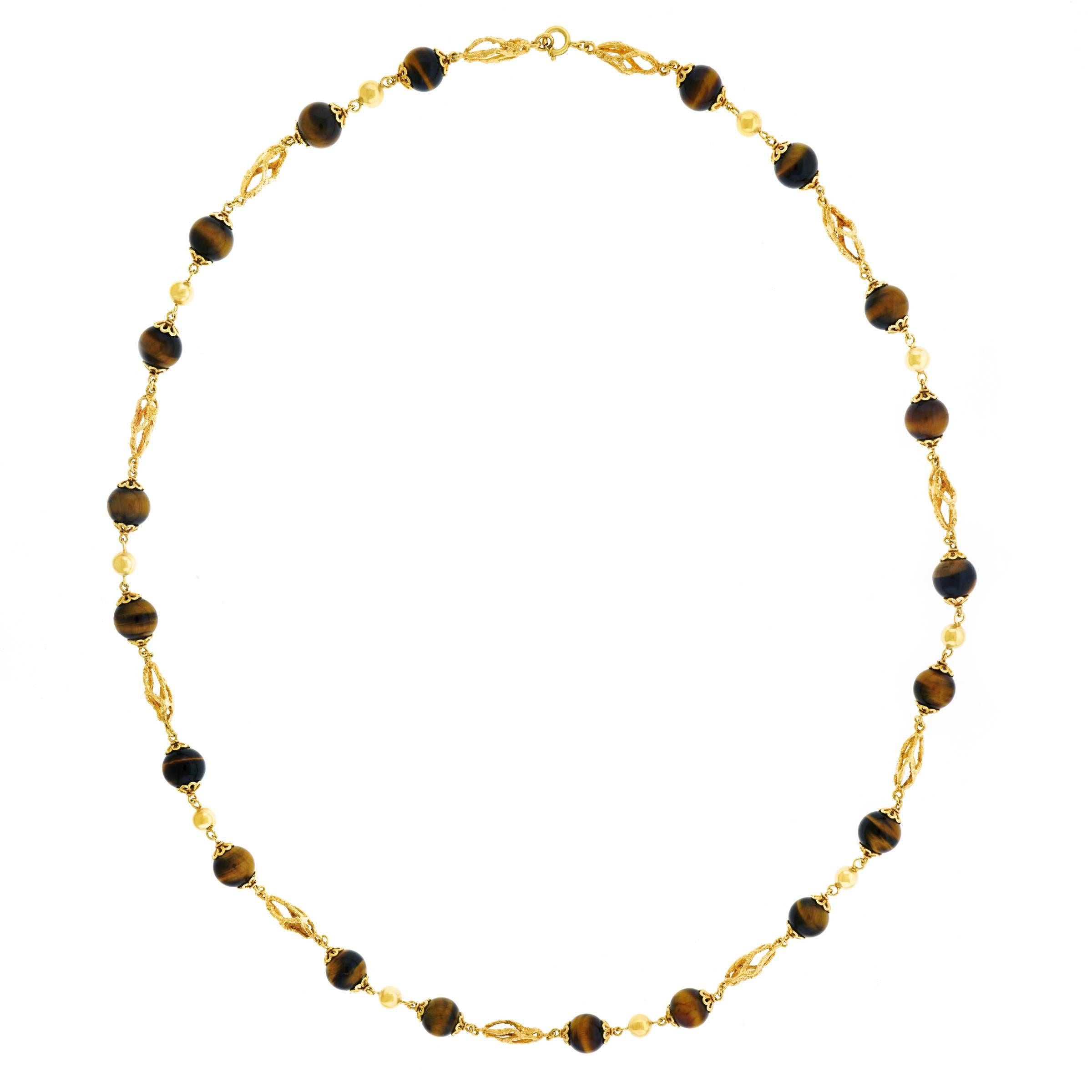 Bucherer Tiger’s Eye and Gold 32 inch long Gold Necklace In Excellent Condition In Litchfield, CT