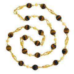 Vintage Bucherer Tiger’s Eye and Gold 32 inch long Gold Necklace