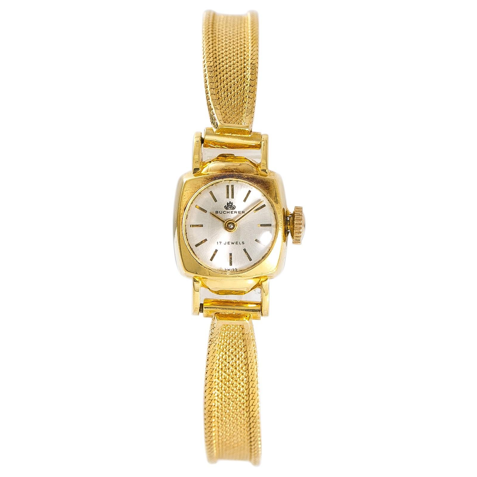 Bucherer Women’s Vintage Hand Winding Watch Silver Dial 18 Karat Yellow Gold