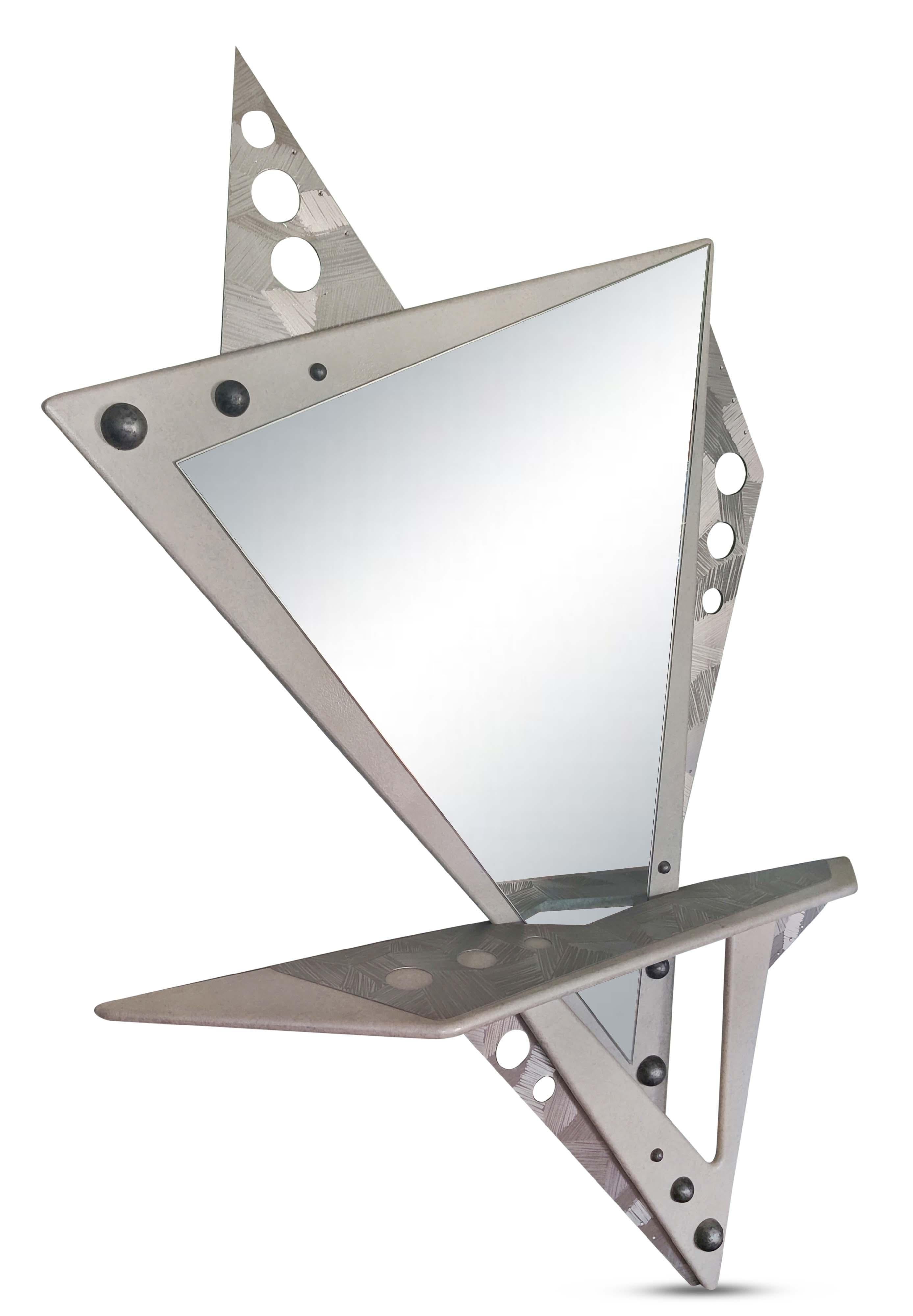 Space Age Buck Rogers Inspired Wall Mirror & Overlapping Console Table 1980s Memphis Style For Sale