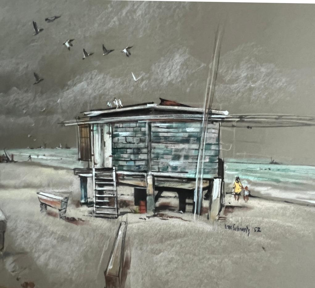 Buck Schiwetz
(1898-1984)
Houston Artist
Image Size: 15 X 25
Frame Size: 29 X 39
Medium: Watercolor Mixed Media
1952  Signed lower right  Titled Lower Left
