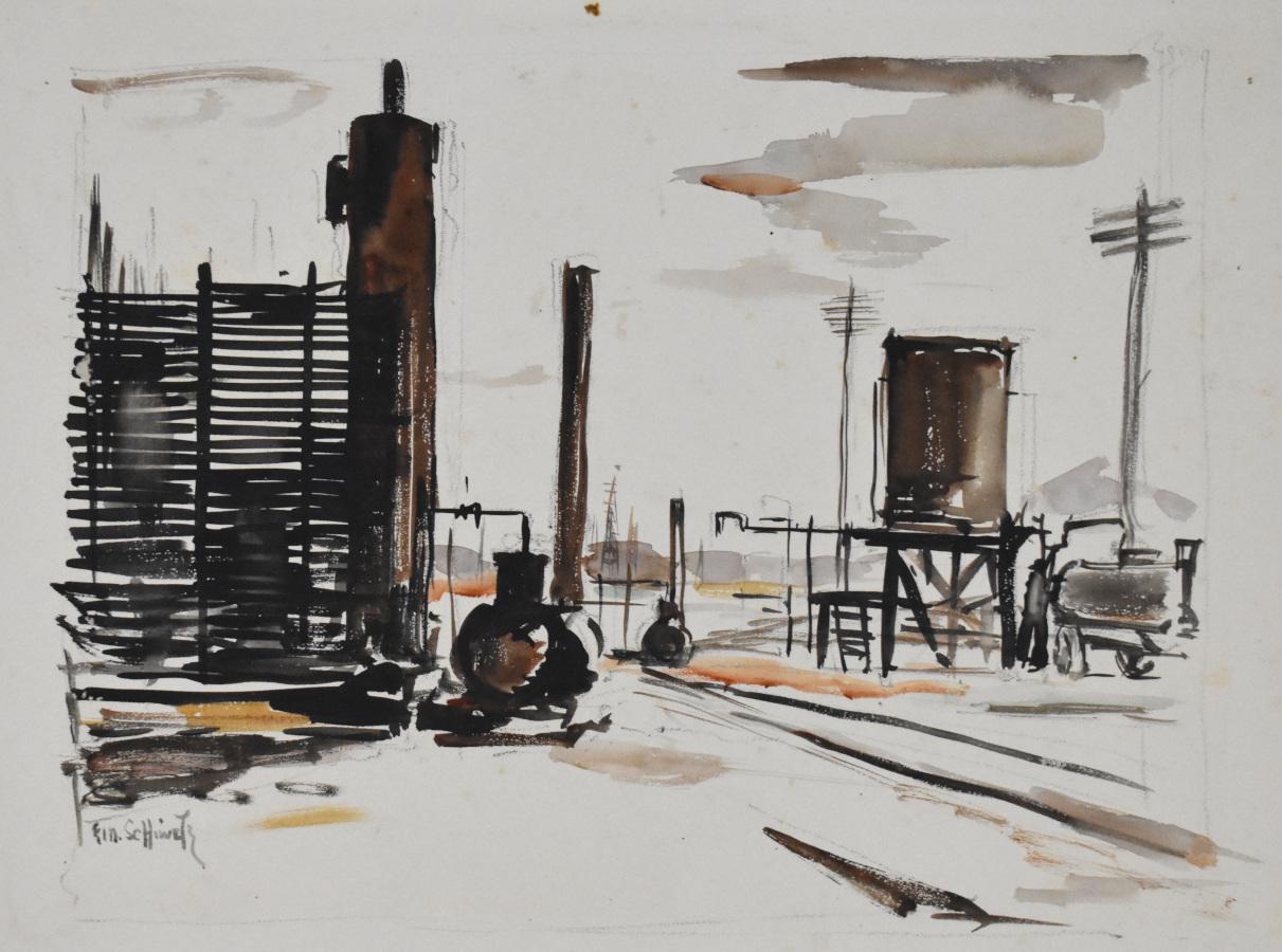 Landscape Painting de Buck Schiwetz - "CAMPO PETROLÍFERO" PERSONA QUE LLENA LOS DEPÓSITOS DE LOS CAMIONES DE PETRÓLEO