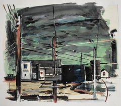 "POWERLINES" ART ALSO ON BACK OF PAINTING.  INDUSTRIAL SUBJECT 