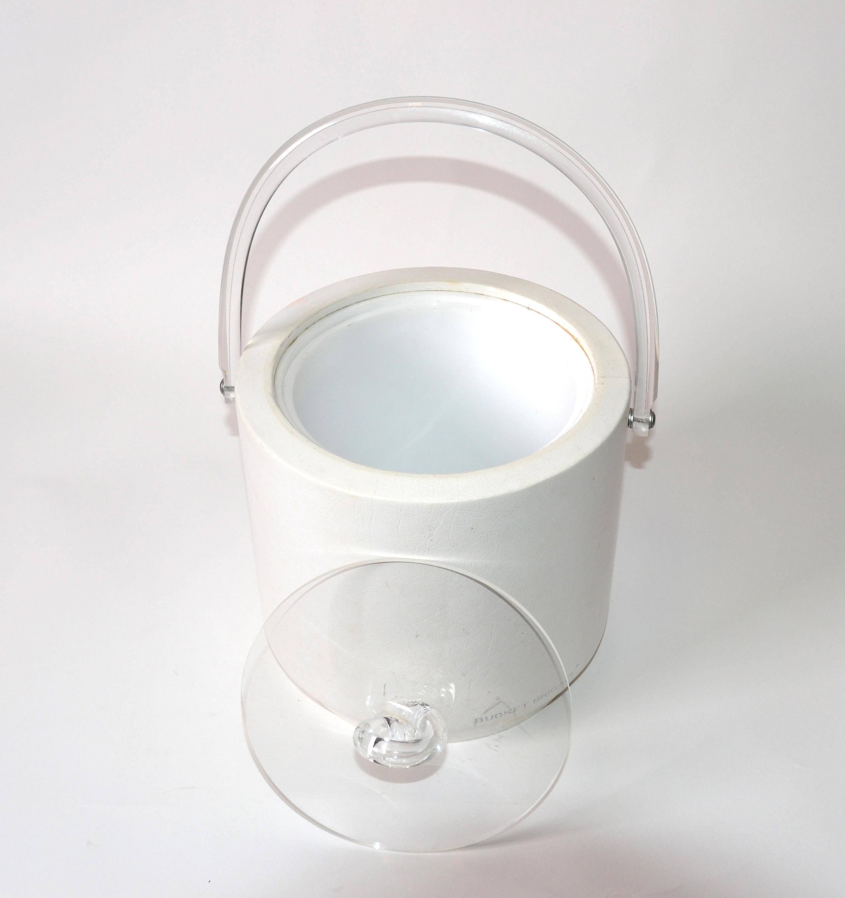 Bucket Brigade 1970 Mid-Century Modern White Leather & Lucite Lidded Ice Bucket For Sale 2