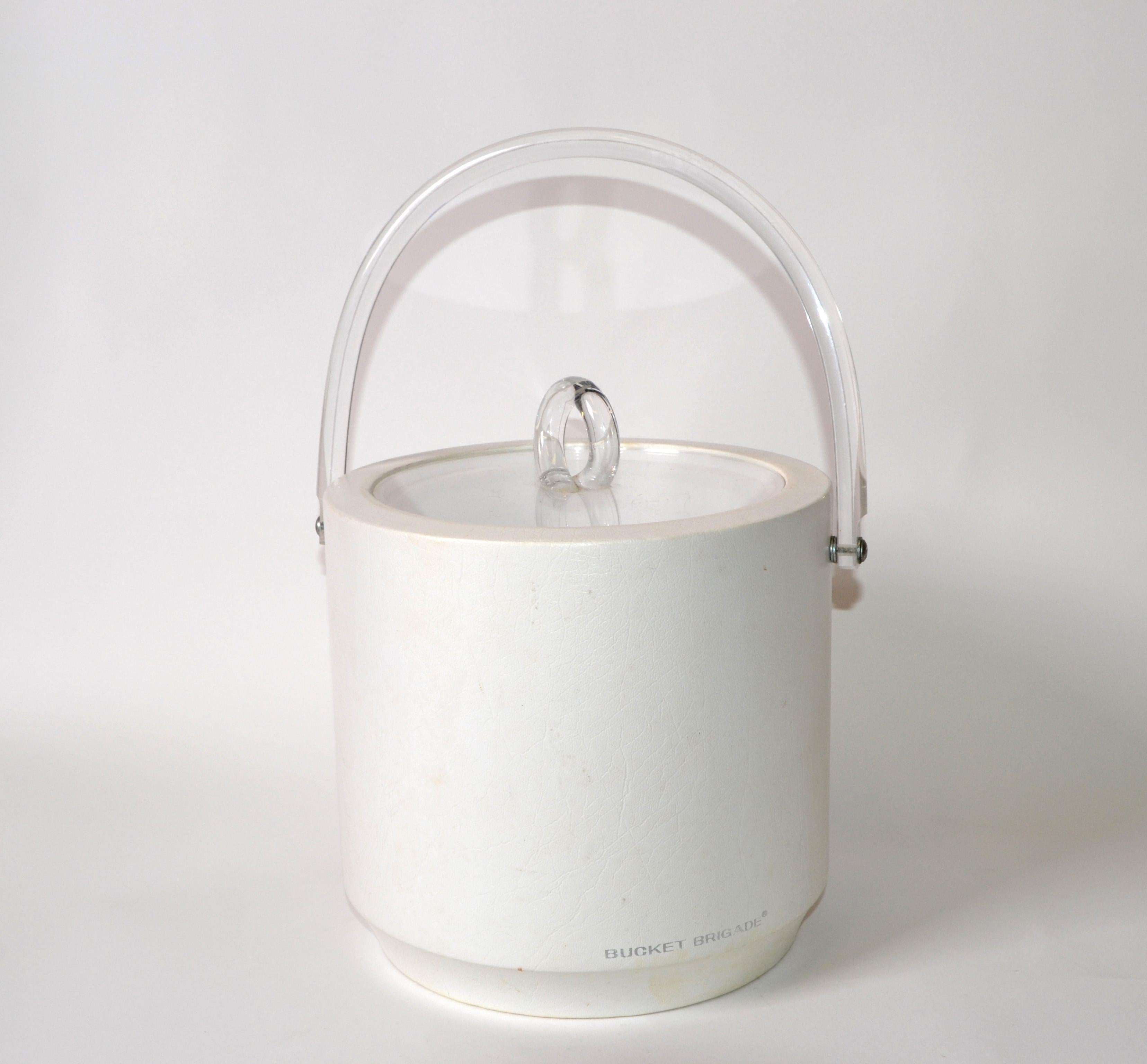 Bucket Brigade 1970 Mid-Century Modern White Leather & Lucite Lidded Ice Bucket For Sale 3