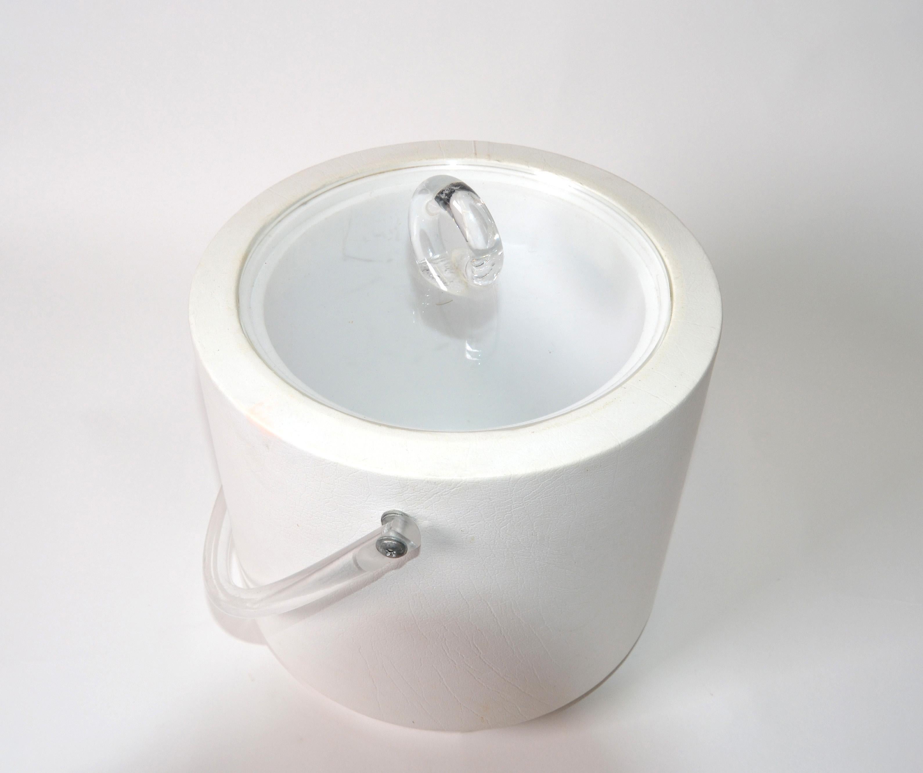American Bucket Brigade 1970 Mid-Century Modern White Leather & Lucite Lidded Ice Bucket For Sale