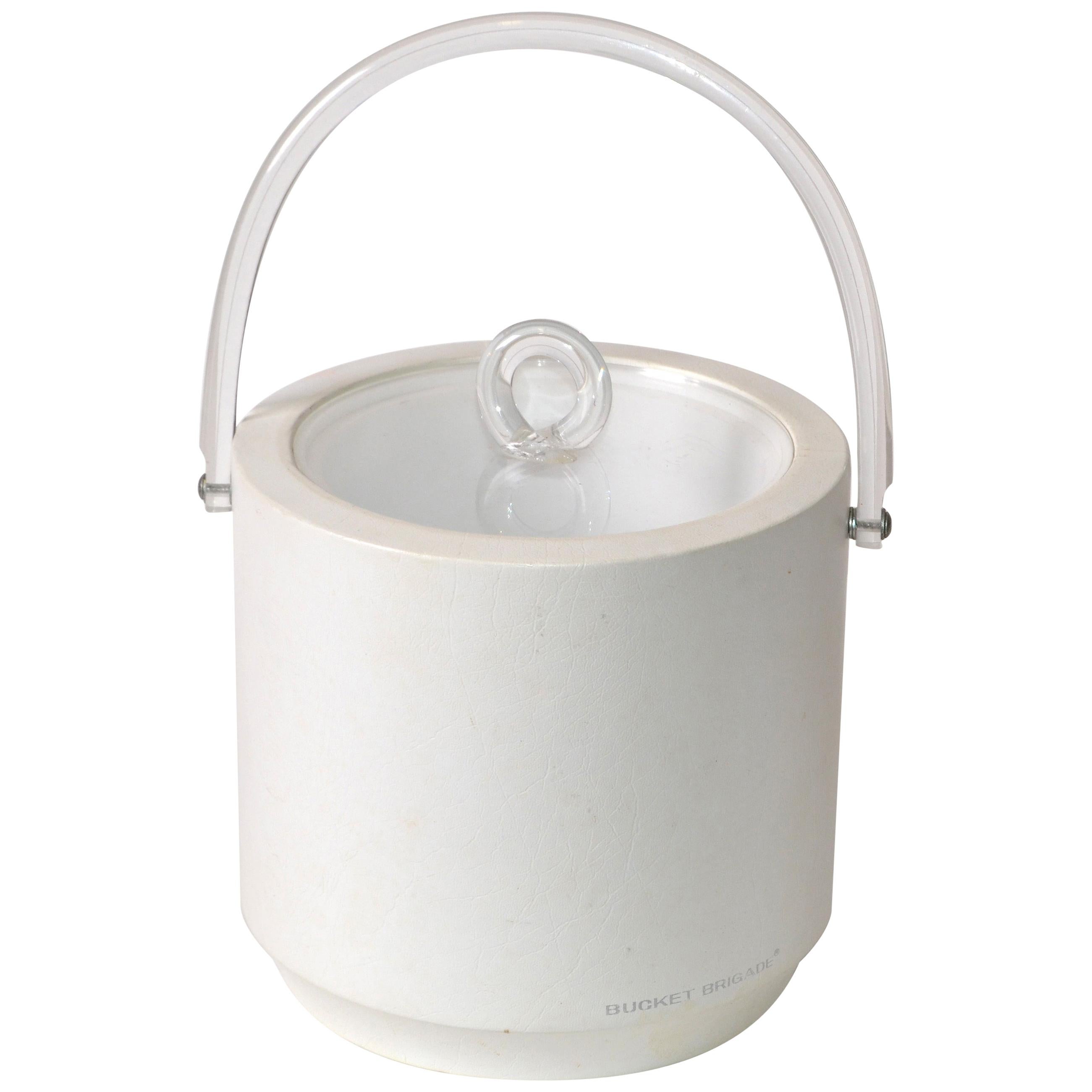 Bucket Brigade 1970 Mid-Century Modern White Leather & Lucite Lidded Ice Bucket For Sale