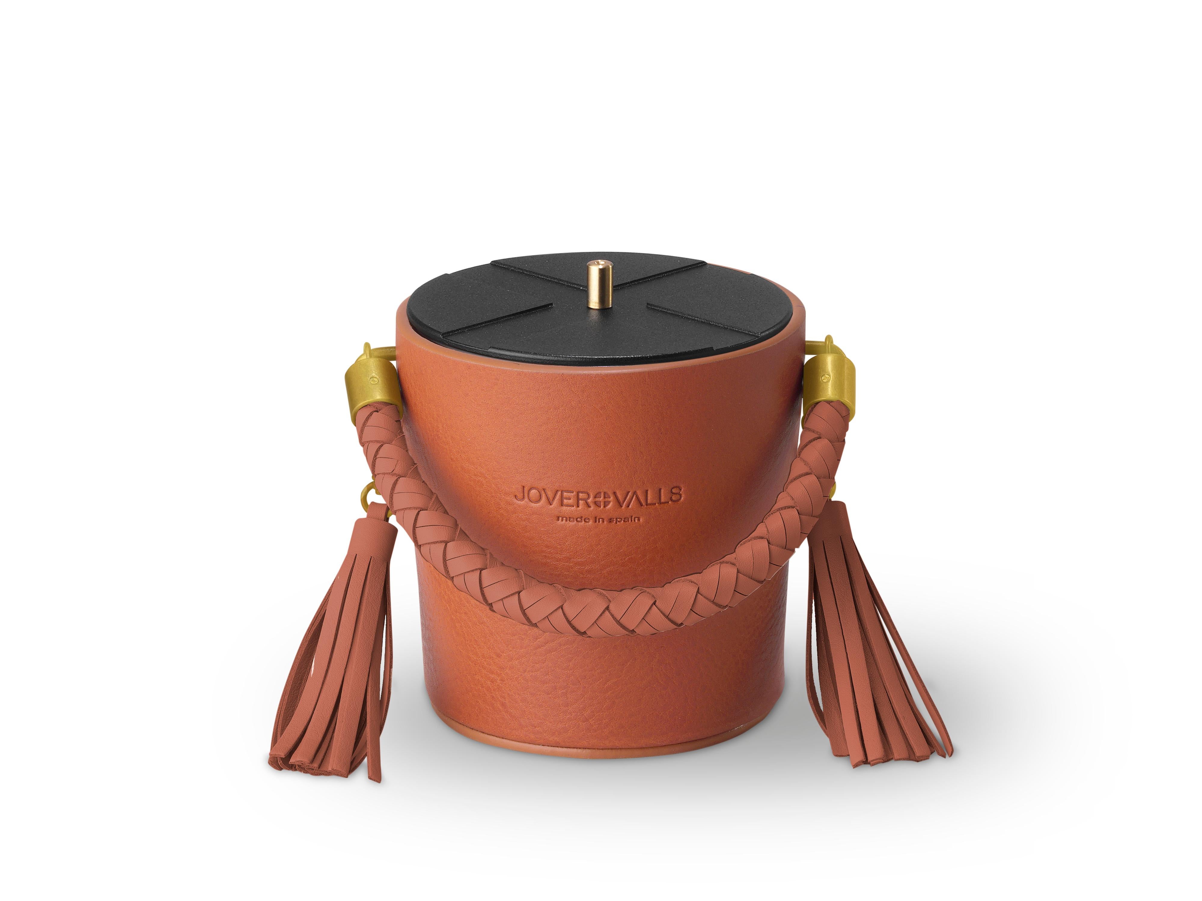 Modern Bucket, Cognac Leather Candleholder, Sweet Cinnamon Scented Candle 21 Oz For Sale