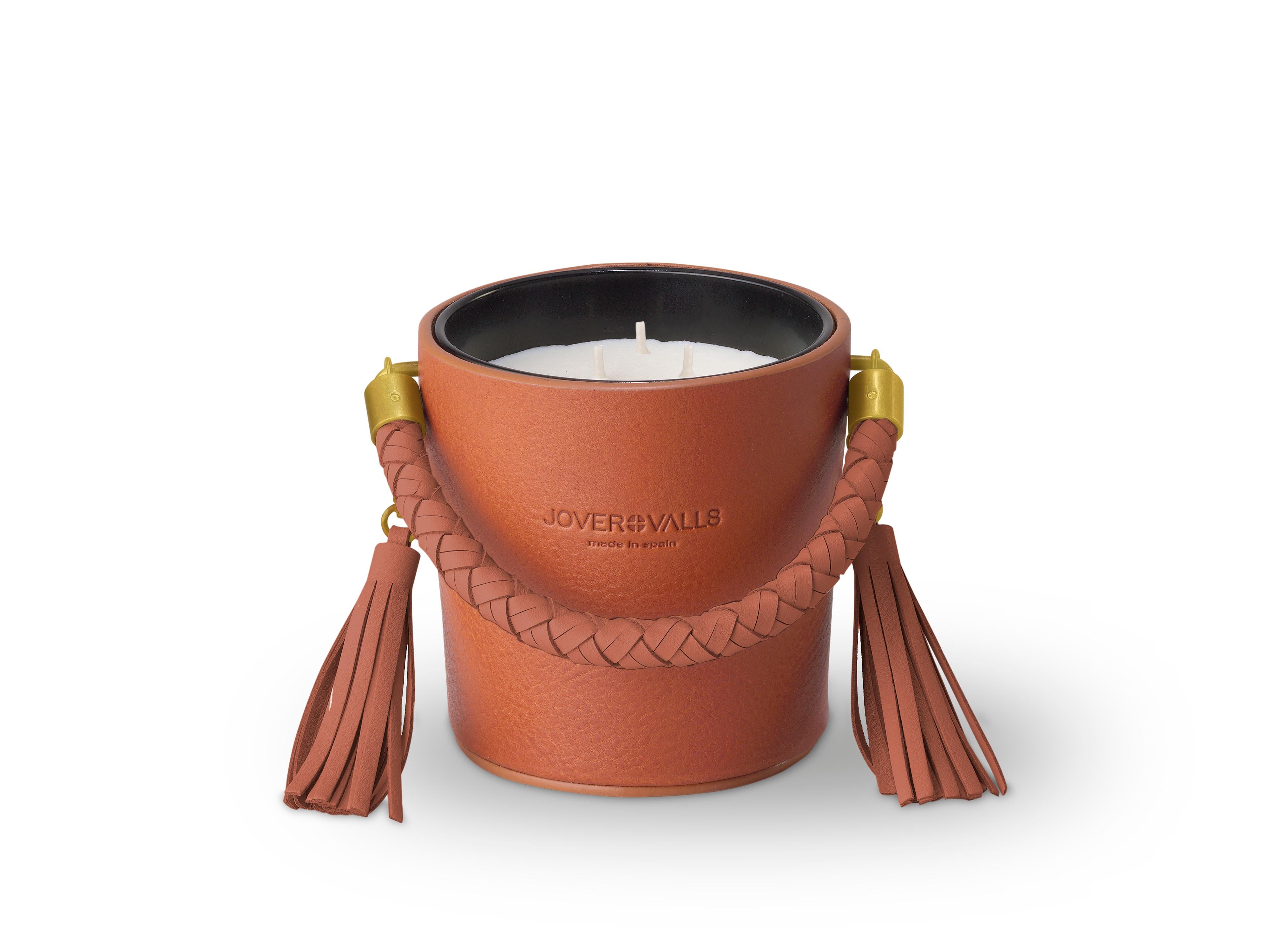 Spanish Bucket, Cognac Leather Candleholder, Sweet Cinnamon Scented Candle 21 Oz For Sale