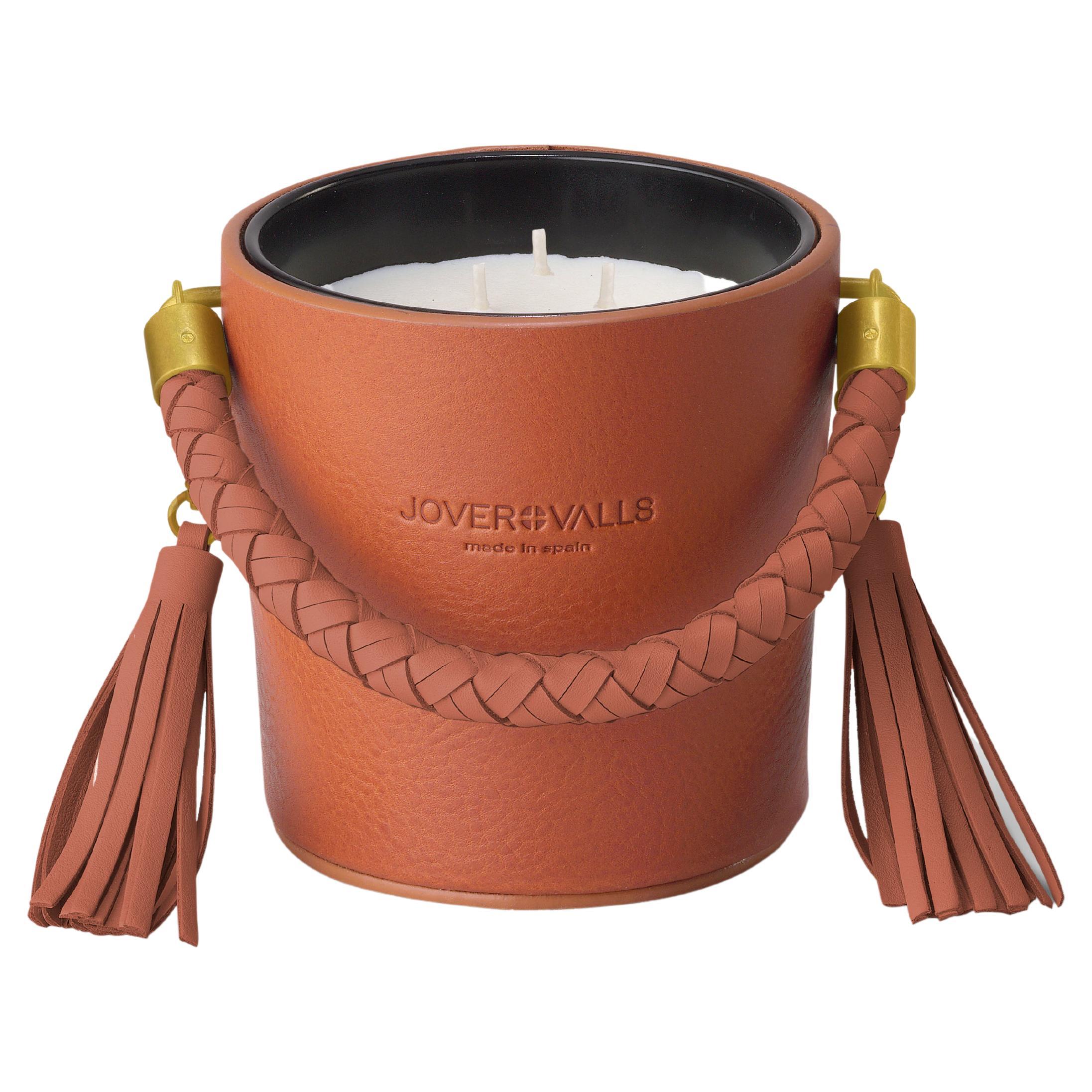 Bucket, Cognac Leather Candleholder, Sweet Cinnamon Scented Candle 21 Oz For Sale