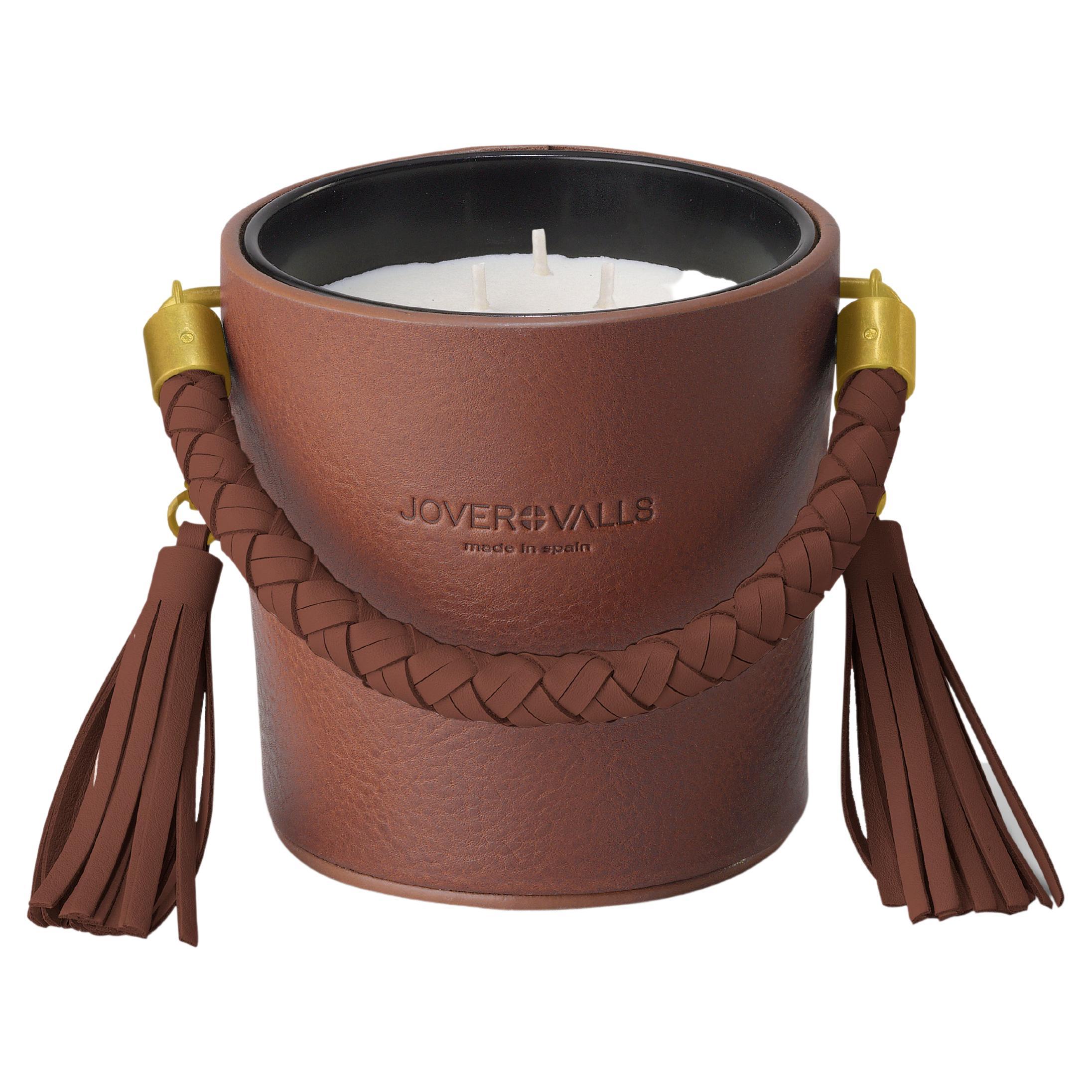 Bucket, Dark Brown Leather Candleholder, Oud Wood & Roses Scented Candle 21 Oz.  For Sale