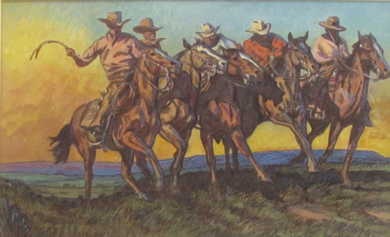 La carrera de caballos vaqueros - Mixed Media Art Realista de Buckeye Blake