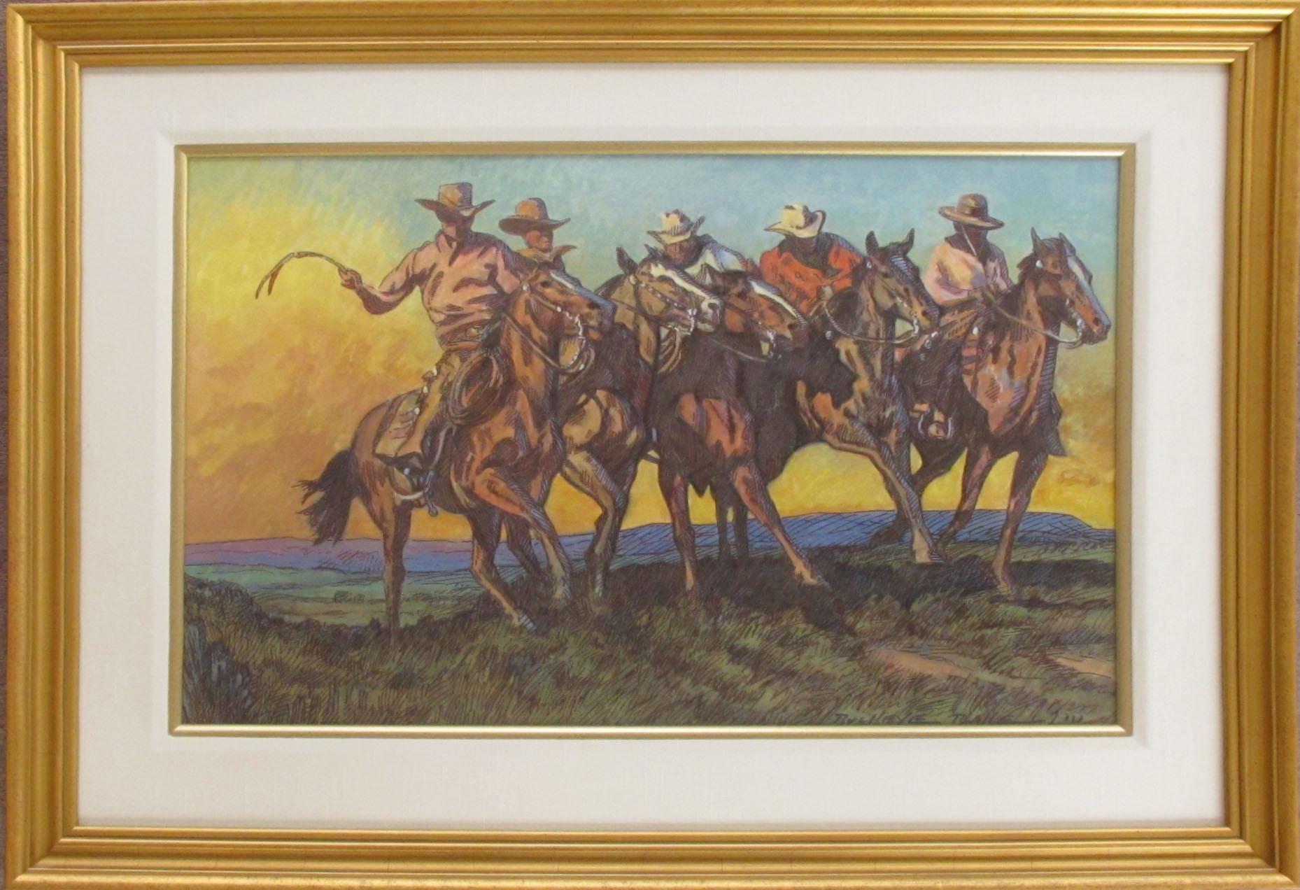La carrera de caballos vaqueros - Mixed Media Art de Buckeye Blake