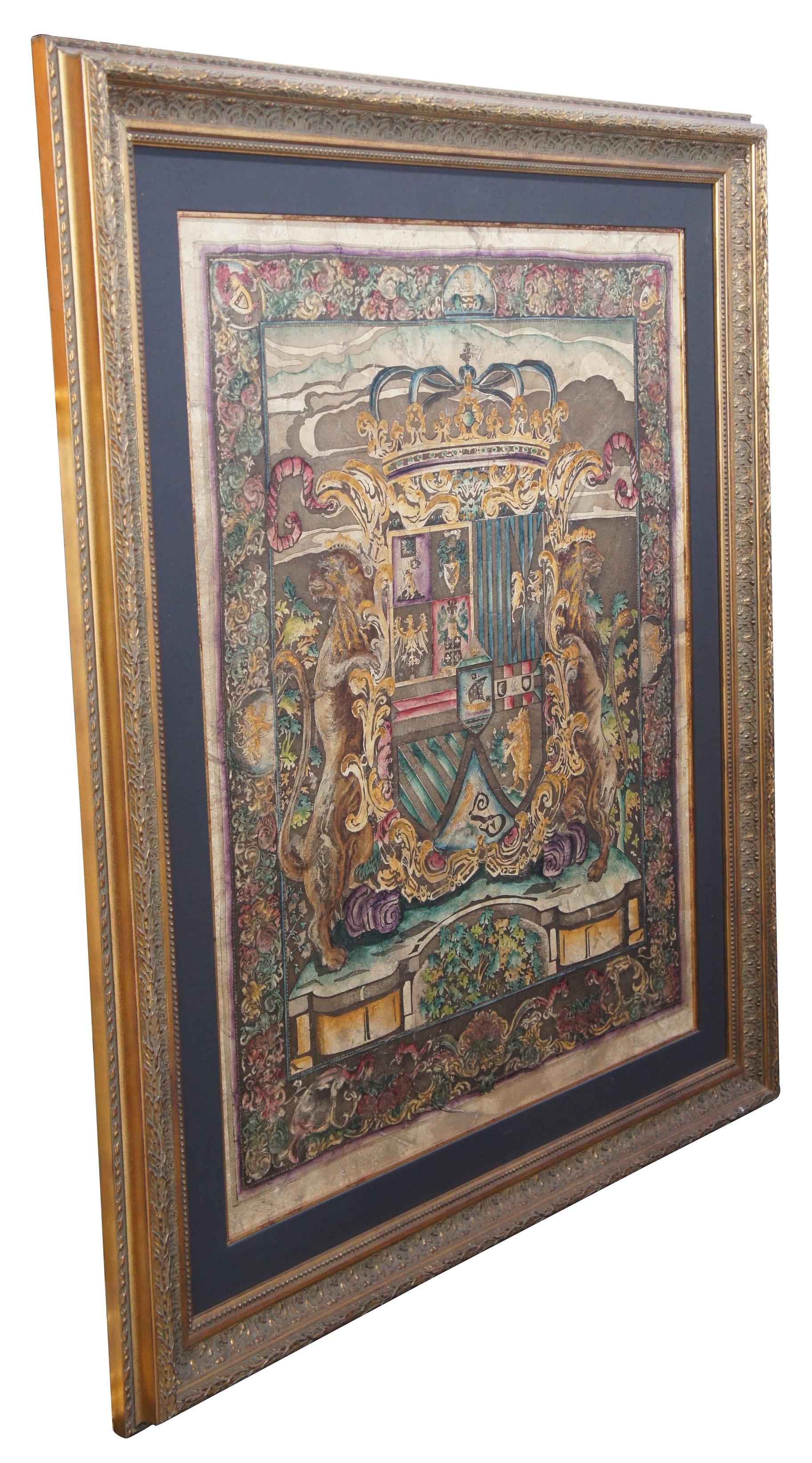 Buckingham Crest Etching on canvas by Liz Jardine, circa 1992. A large format art with an amazing frame. Features a heraldic crest or shield at the center surrounded by lions with crowns. The crest has various crests within it and includes a