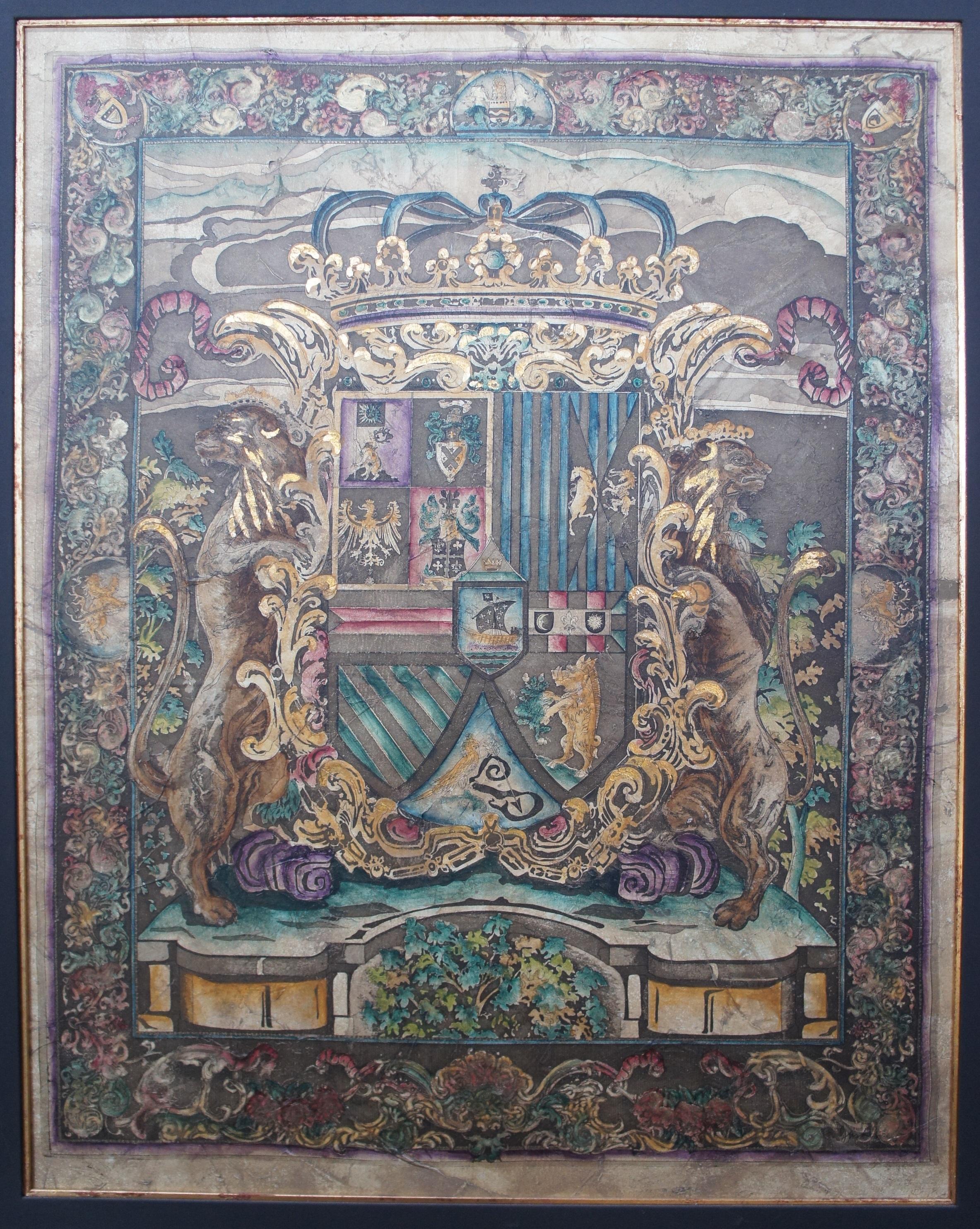 British Colonial Buckingham Crest Etching on Canvas by Liz Jardine Heraldic Shield Framed For Sale