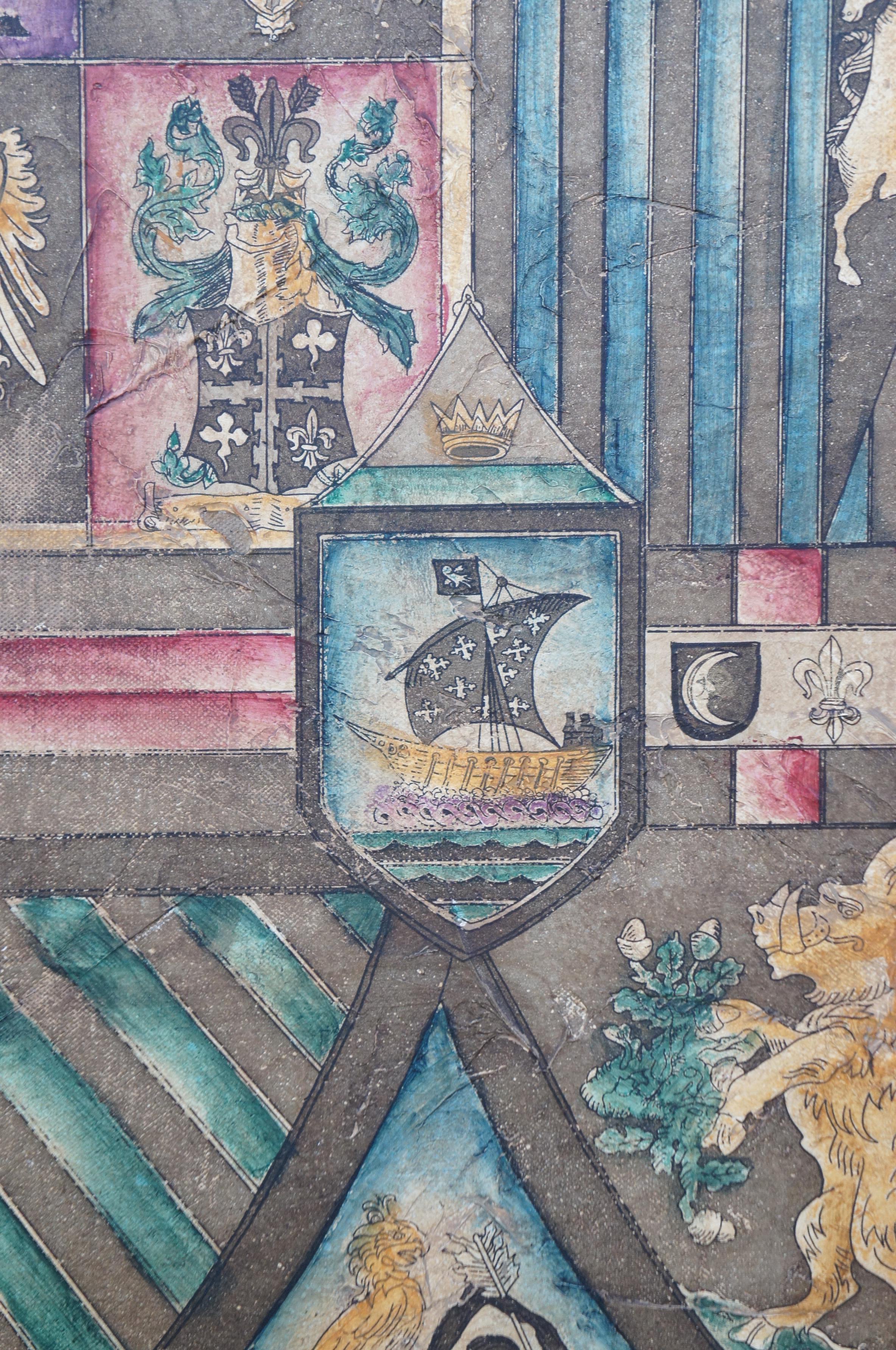 Buckingham-Kreuz, Radierung auf Leinwand von Liz Jardine, Wappenschild gerahmt (Ende des 20. Jahrhunderts) im Angebot