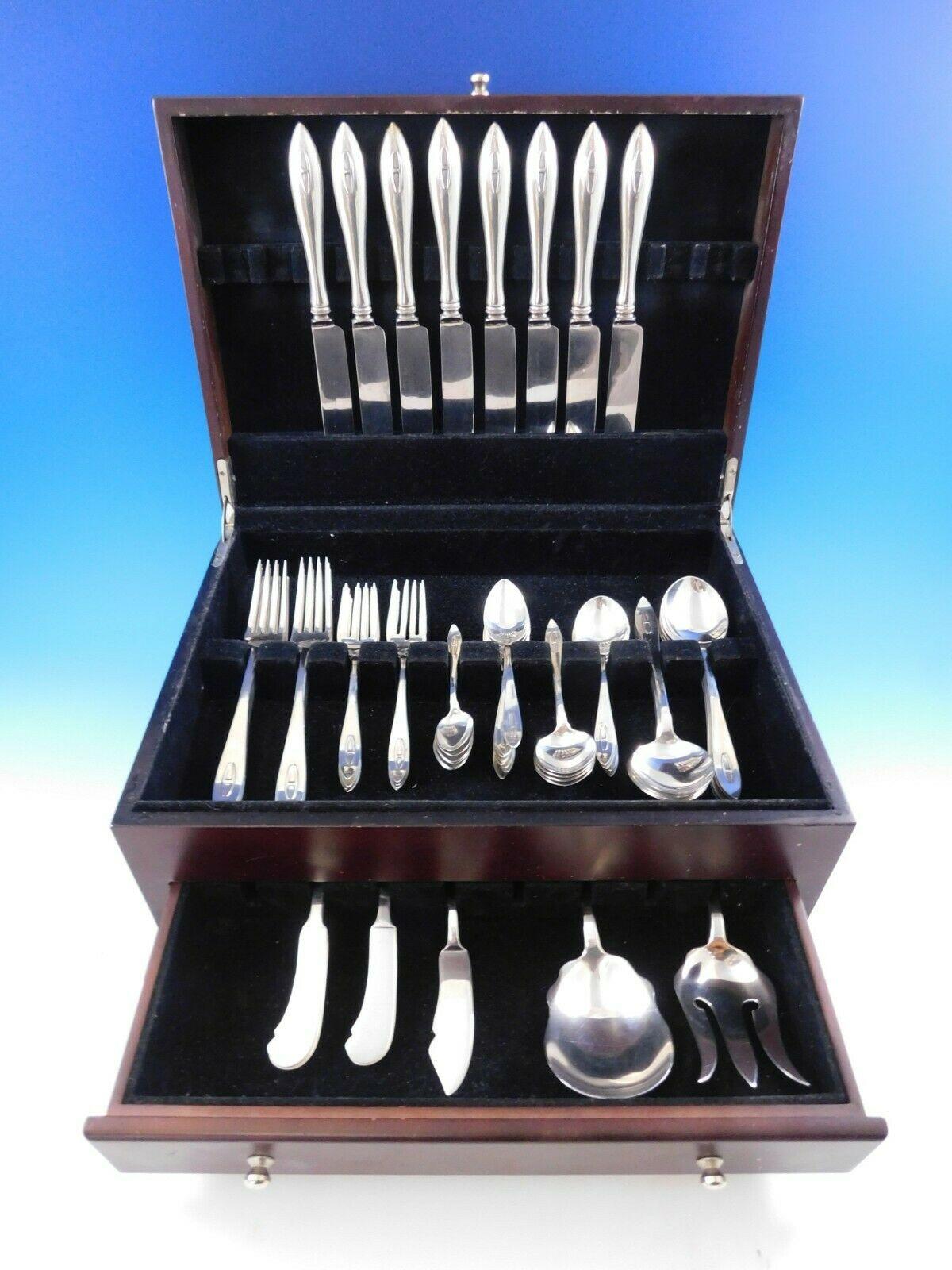 Superb Arts & Crafts BUCKINGHAM NARROW, sterling silver DINNER SIZE flatware set, 67 Pieces. This pattern is by SHREVE & CO. of San Francisco, circa 1915. This set includes:

8 Dinner Size Knives, 9 3/4