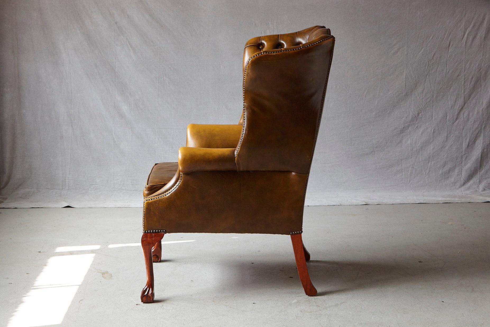 American Buckingham Walnut Burnished Leather Wingback Chair by Hancock & Moore
