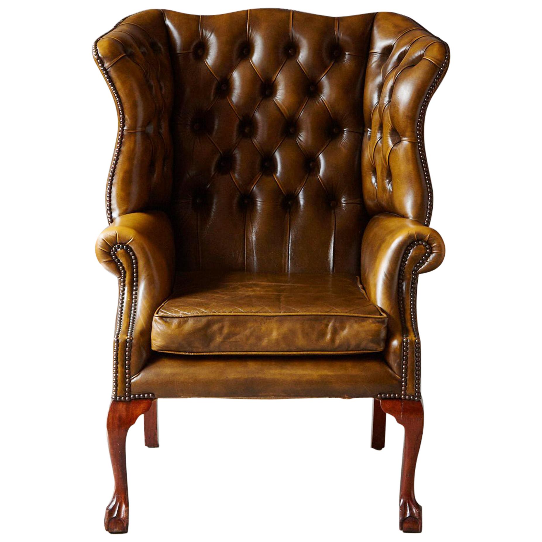 Buckingham Walnut Burnished Leather Wingback Chair by Hancock & Moore