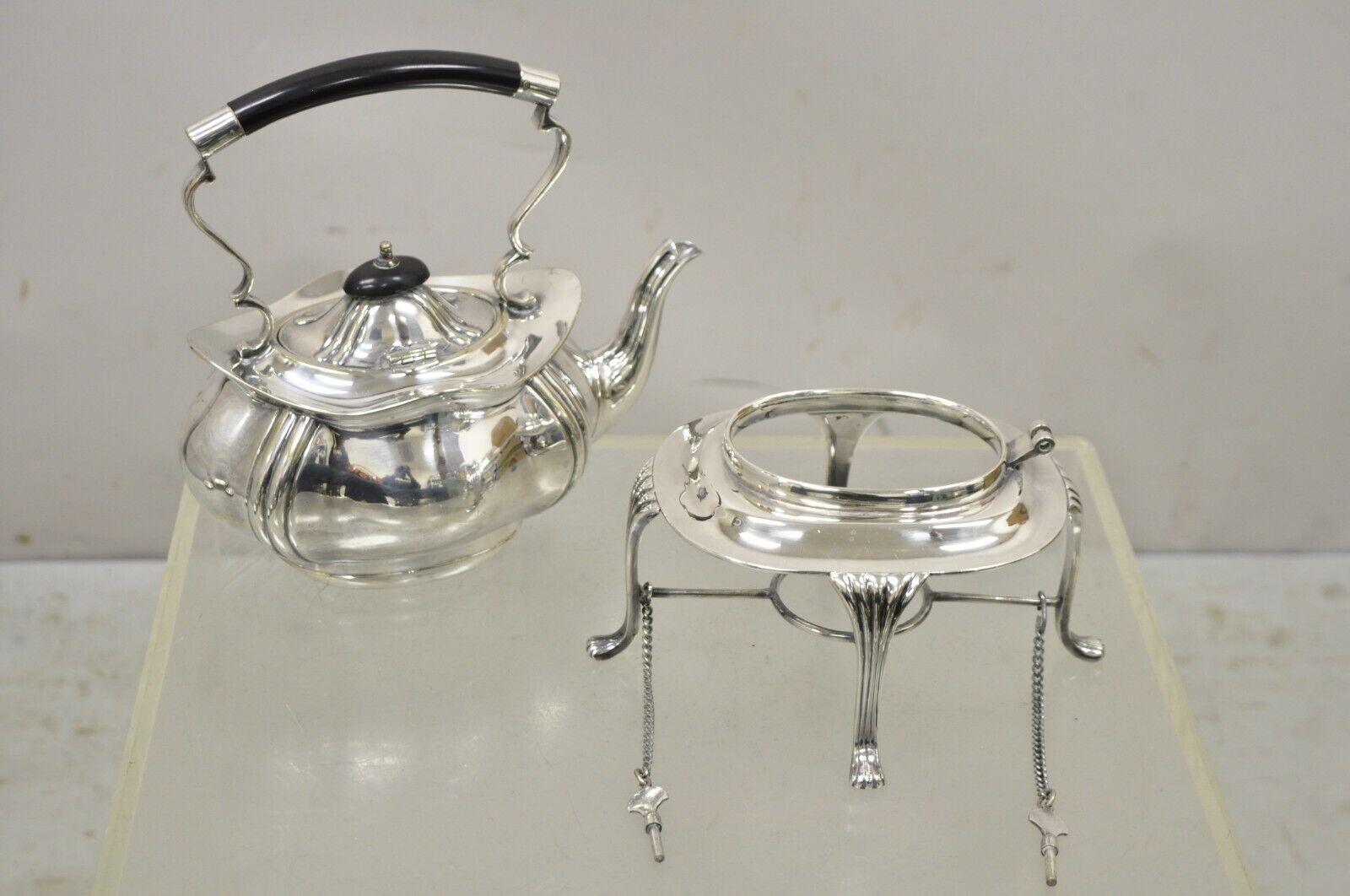 20th Century Buckingshire Sheffield England Silver Plated Victorian Tip Kettle and Stand For Sale