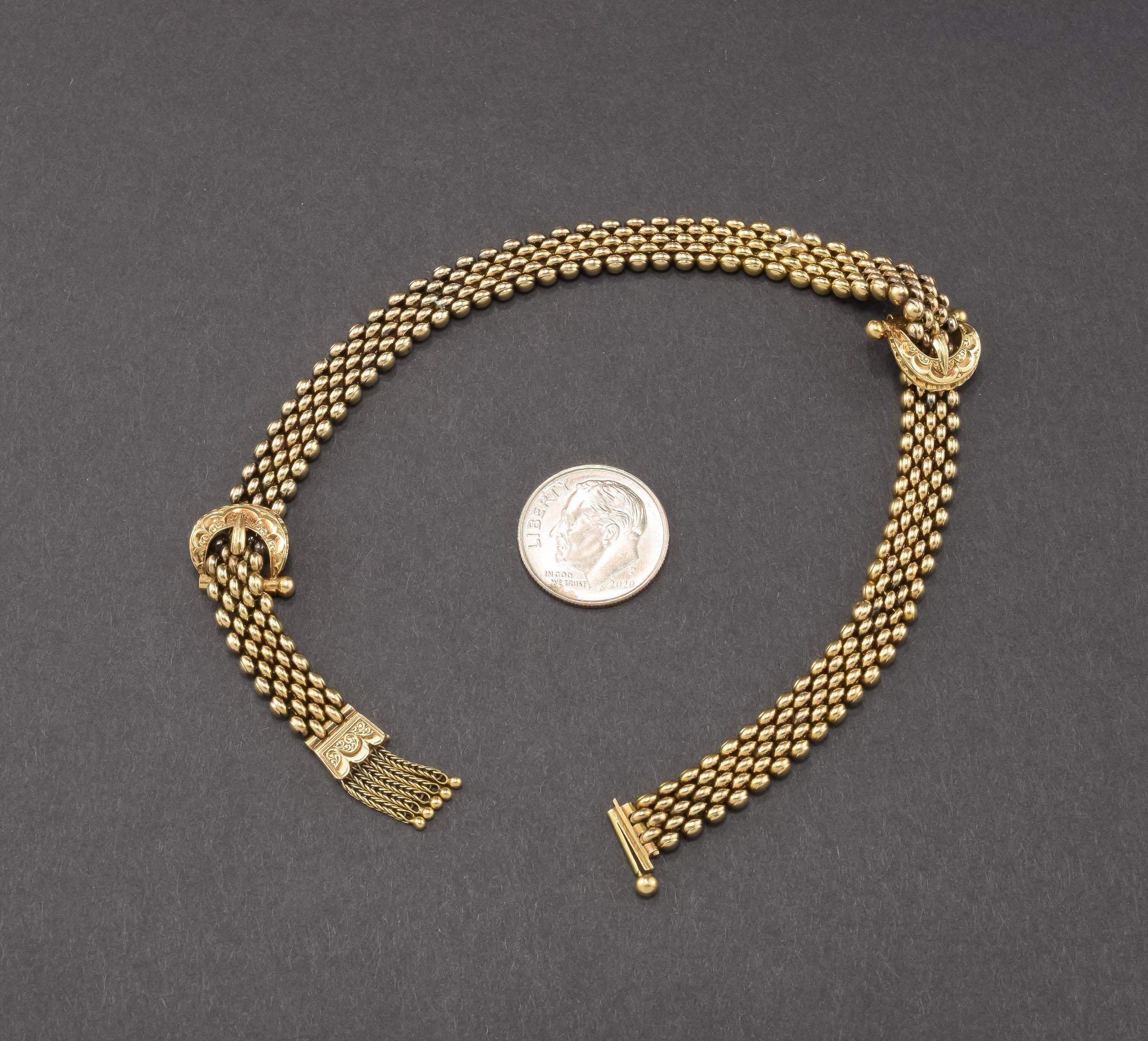 Women's Buckle and Tassel 14K to 15K Gold Link Bracelet For Sale