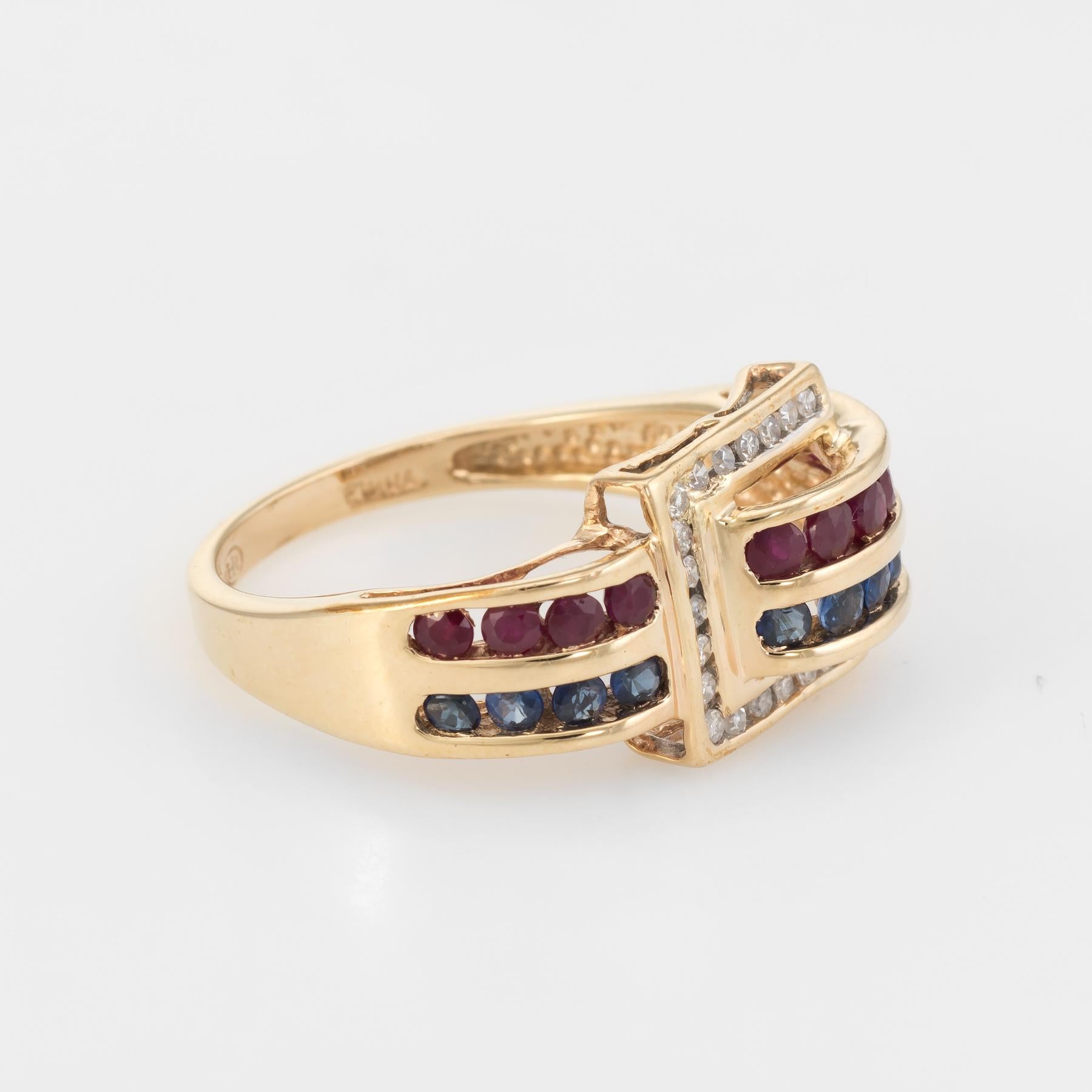 Modern Buckle Ring Vintage 14 Karat Yellow Gold Diamond Sapphire Ruby Estate Jewelry