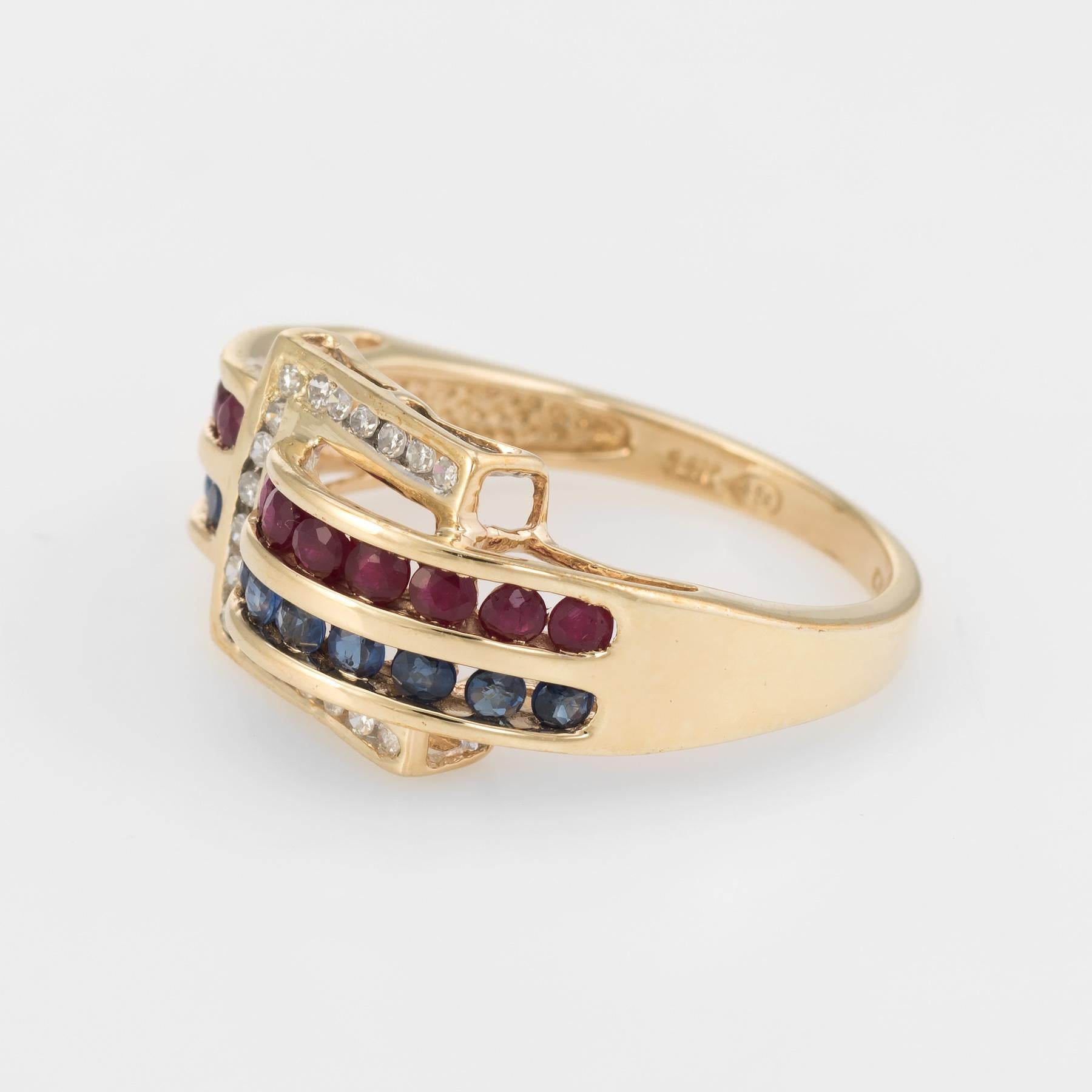 Buckle Ring Vintage 14 Karat Yellow Gold Diamond Sapphire Ruby Estate Jewelry In Excellent Condition In Torrance, CA