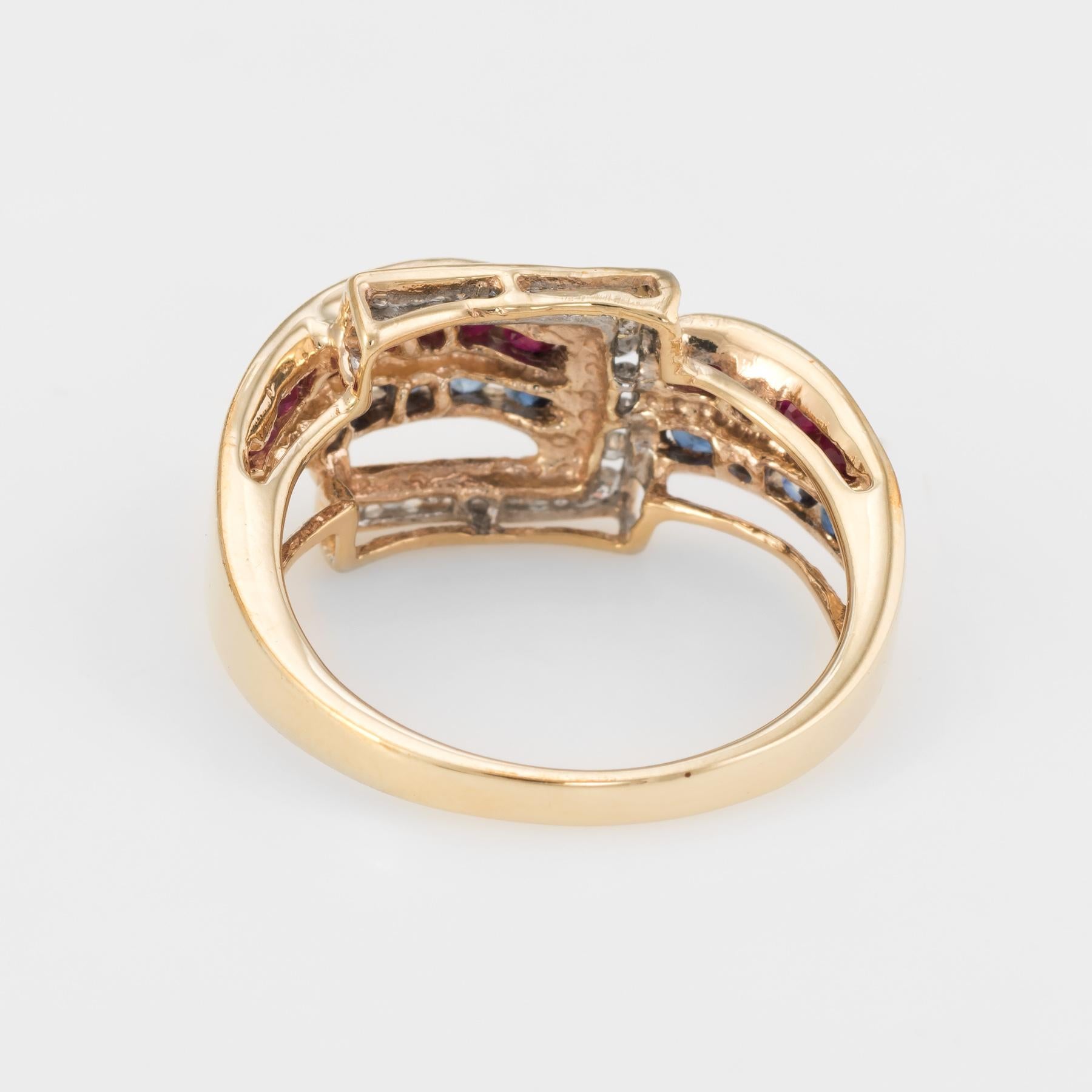 Women's Buckle Ring Vintage 14 Karat Yellow Gold Diamond Sapphire Ruby Estate Jewelry