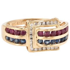Buckle Ring Vintage 14 Karat Yellow Gold Diamond Sapphire Ruby Estate Jewelry