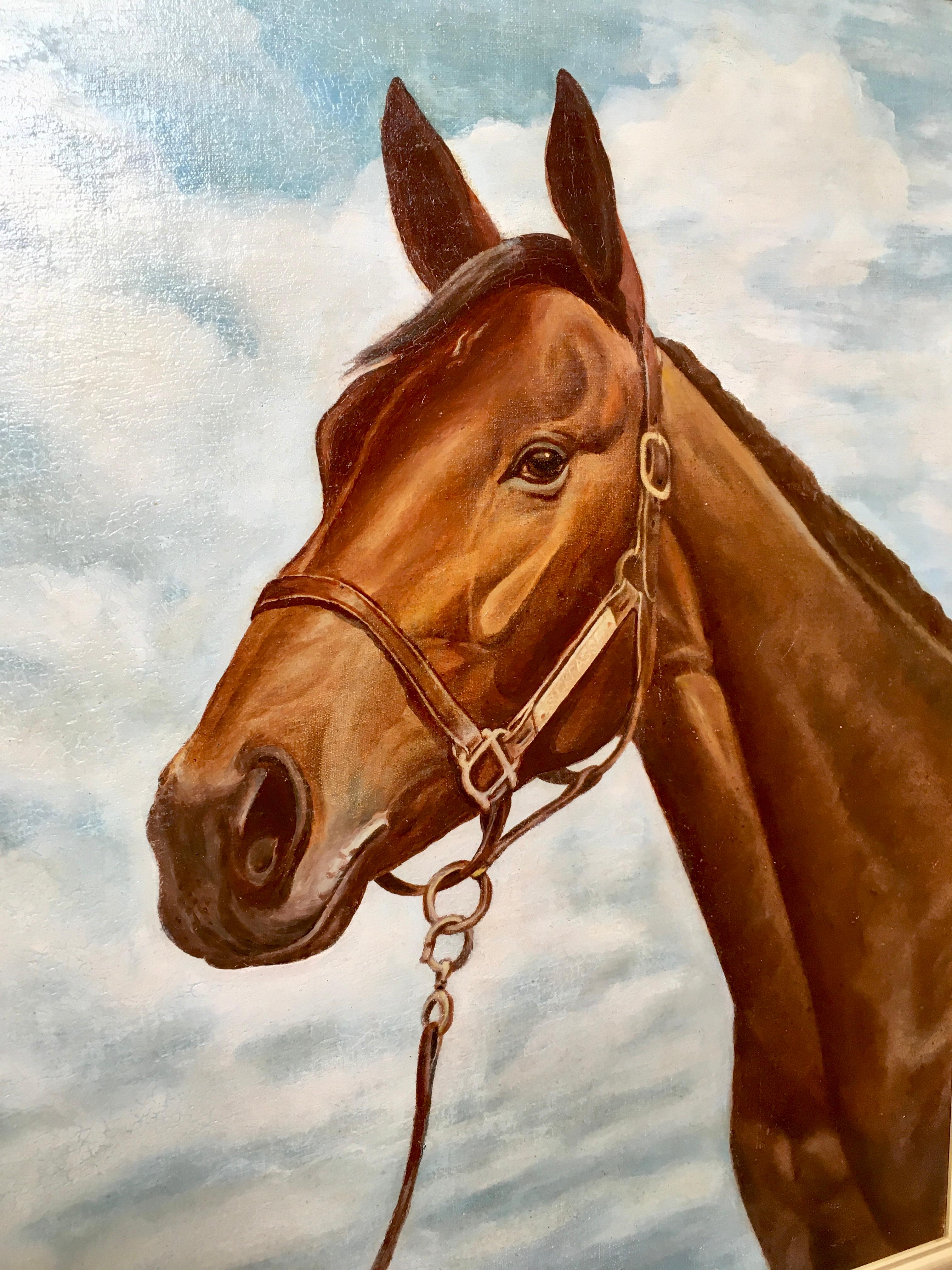 ‘Buckpasser’ 1966 Horse of the Year Equine Portrait Oil Canvas Board In Fair Condition In Melbourne, AU