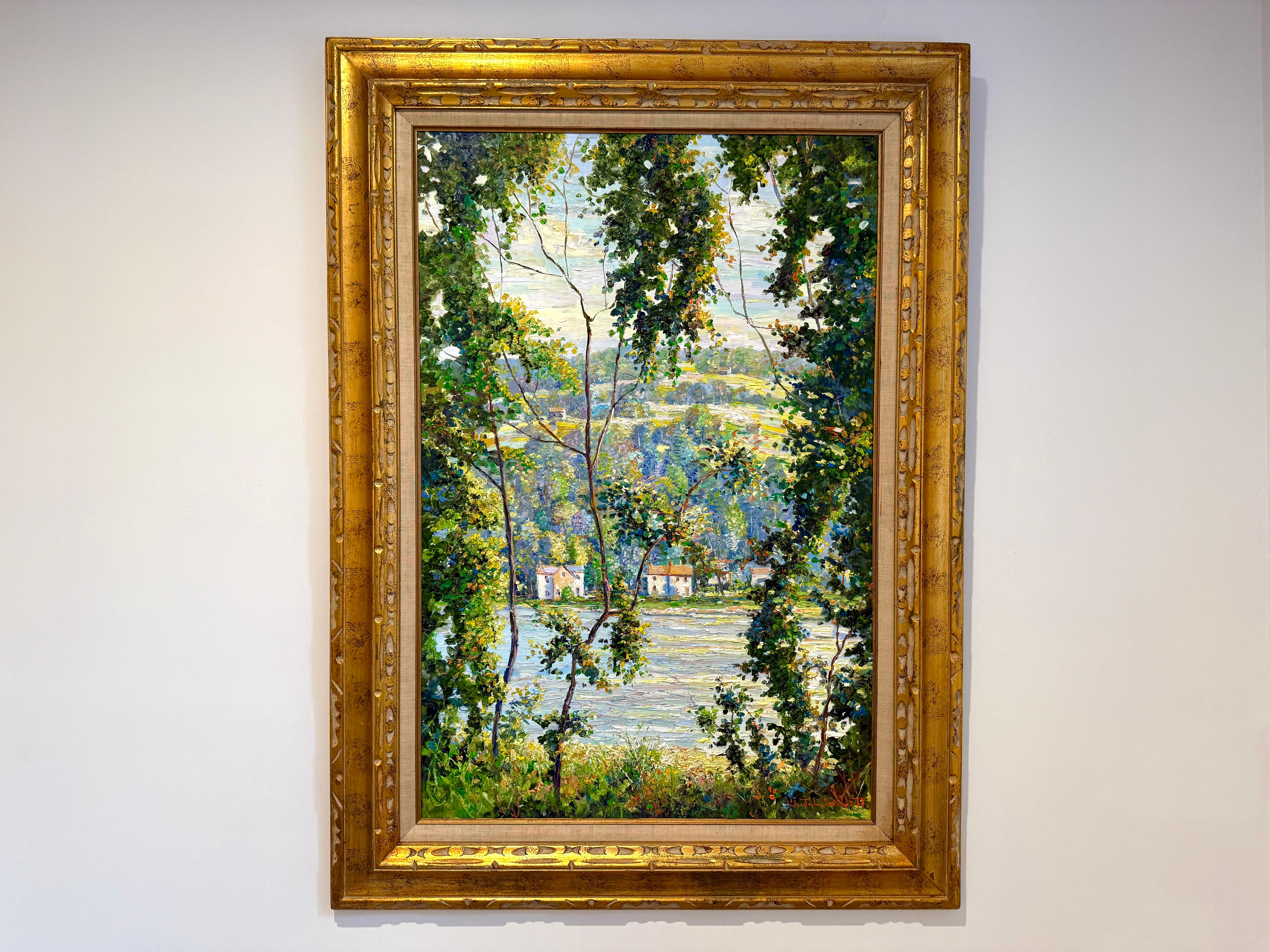 Impressionist and scenic Bucks County Pa, a fresh morning on the Delaware River. Depicting the views across the Delaware River of the quaint village banks of Lumberville. The village was settled by Colonel George Wall, a Revolutionary War officer