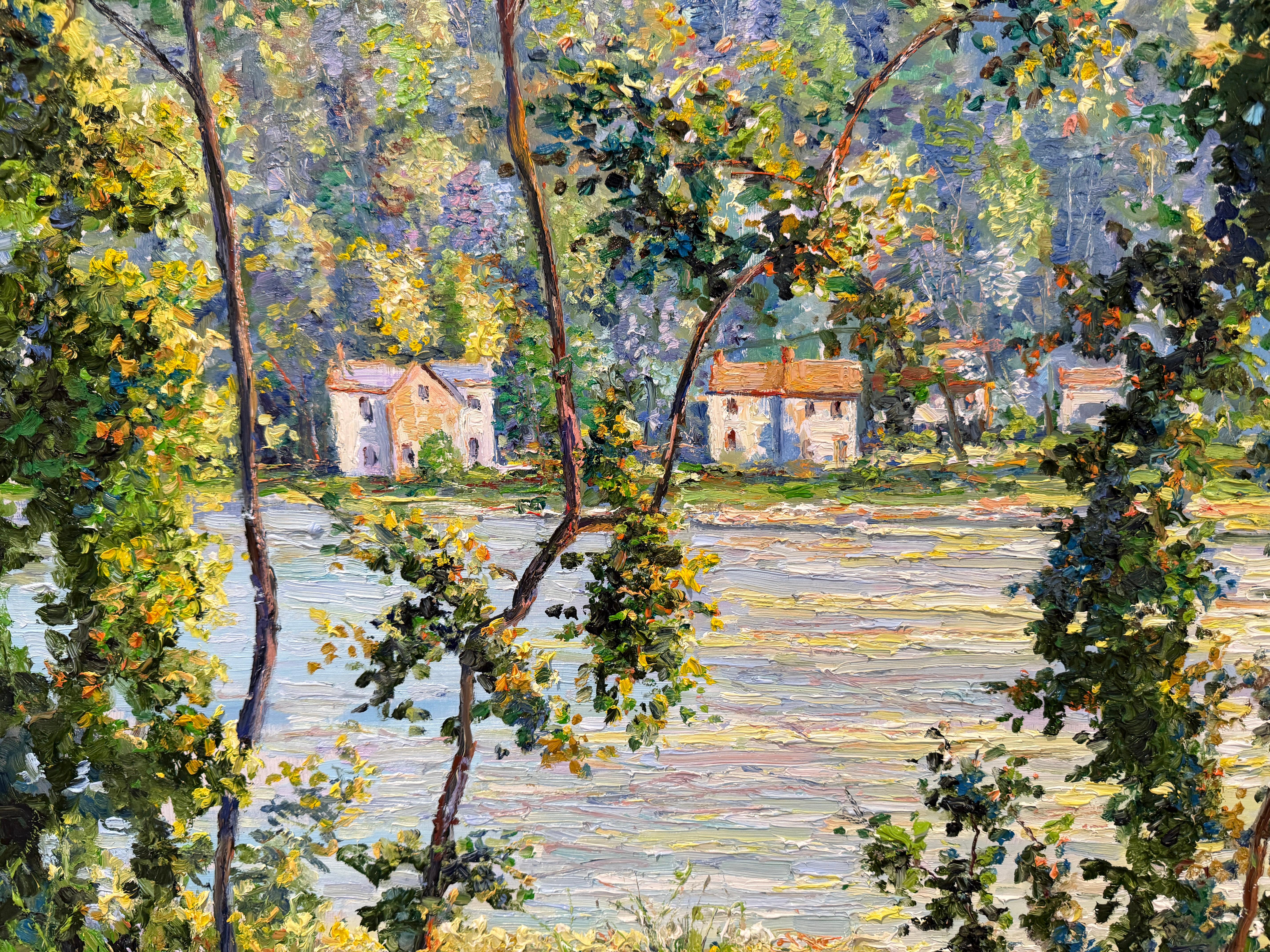 Bucks County Delaware River Lumberville Impressionist Tree Scene Oil Painting clásico estadounidense en venta