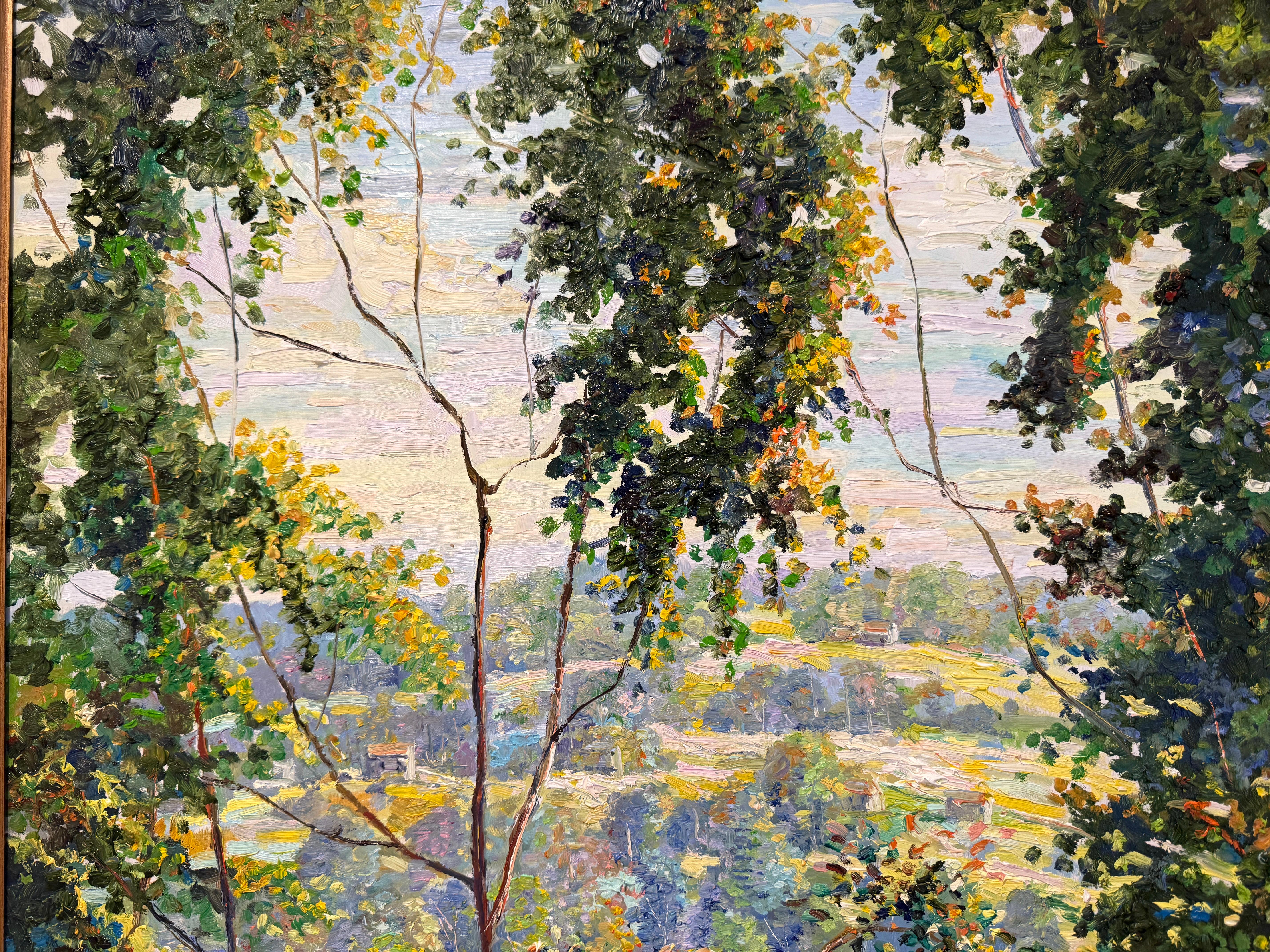Bucks County Delaware River Lumberville Impressionist Tree Scene Oil Painting Aceitado en venta