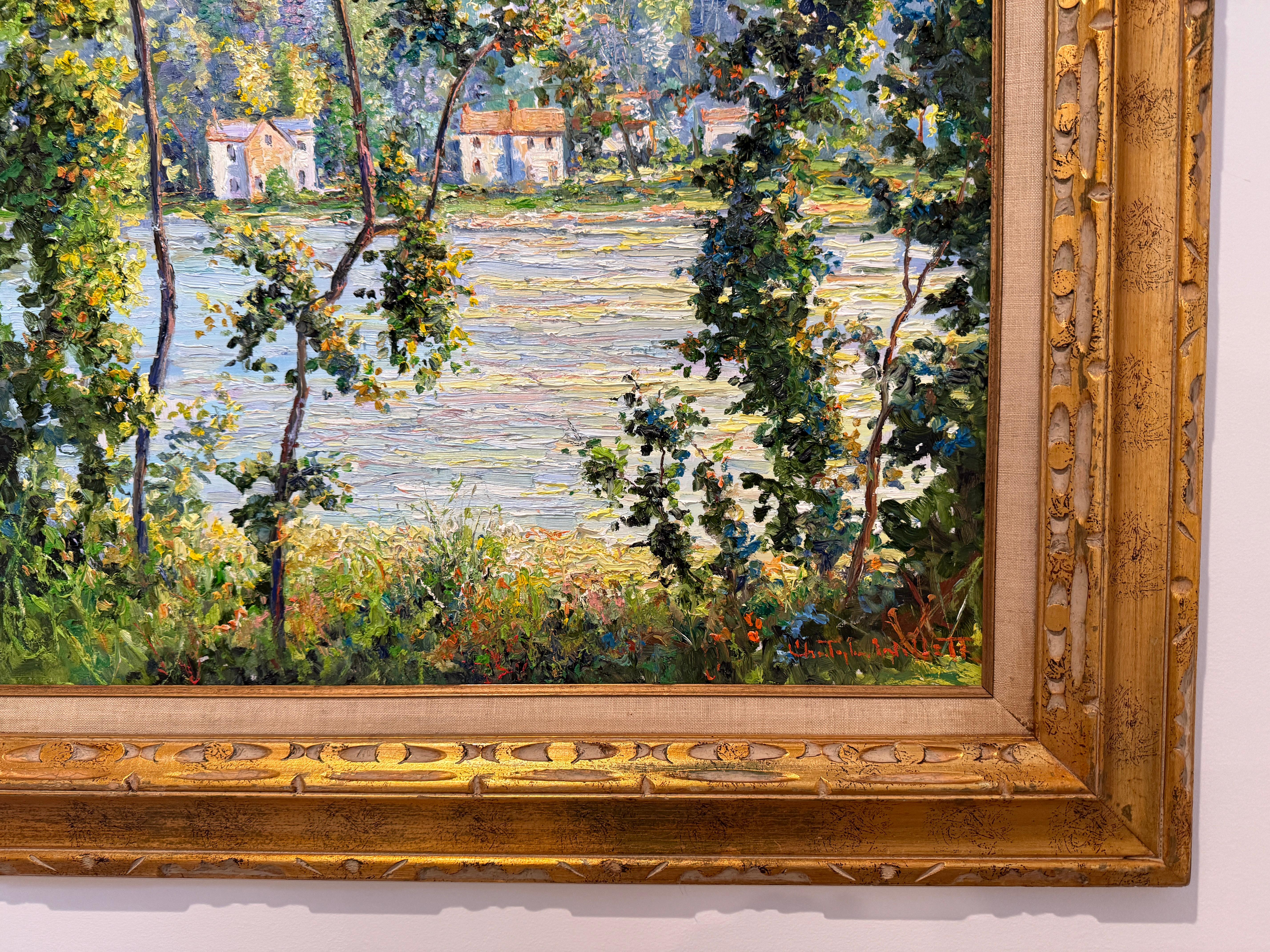 Bucks County Delaware River Lumberville Impressionist Tree Scene Oil Painting en Excelente estado para la venta en Philadelphia, PA
