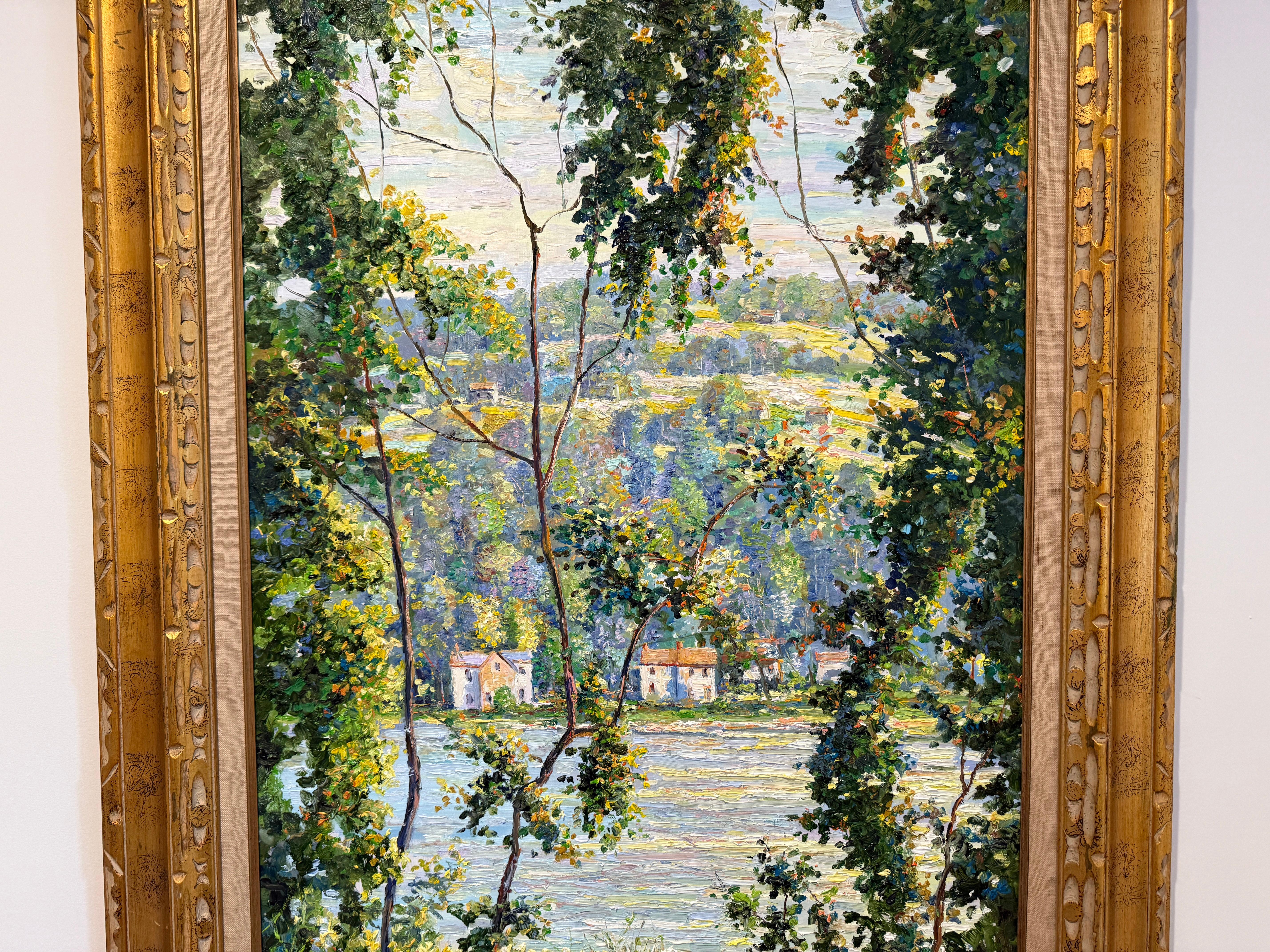 Bucks County Delaware River Lumberville Impressionist Tree Scene Oil Painting siglo XX en venta