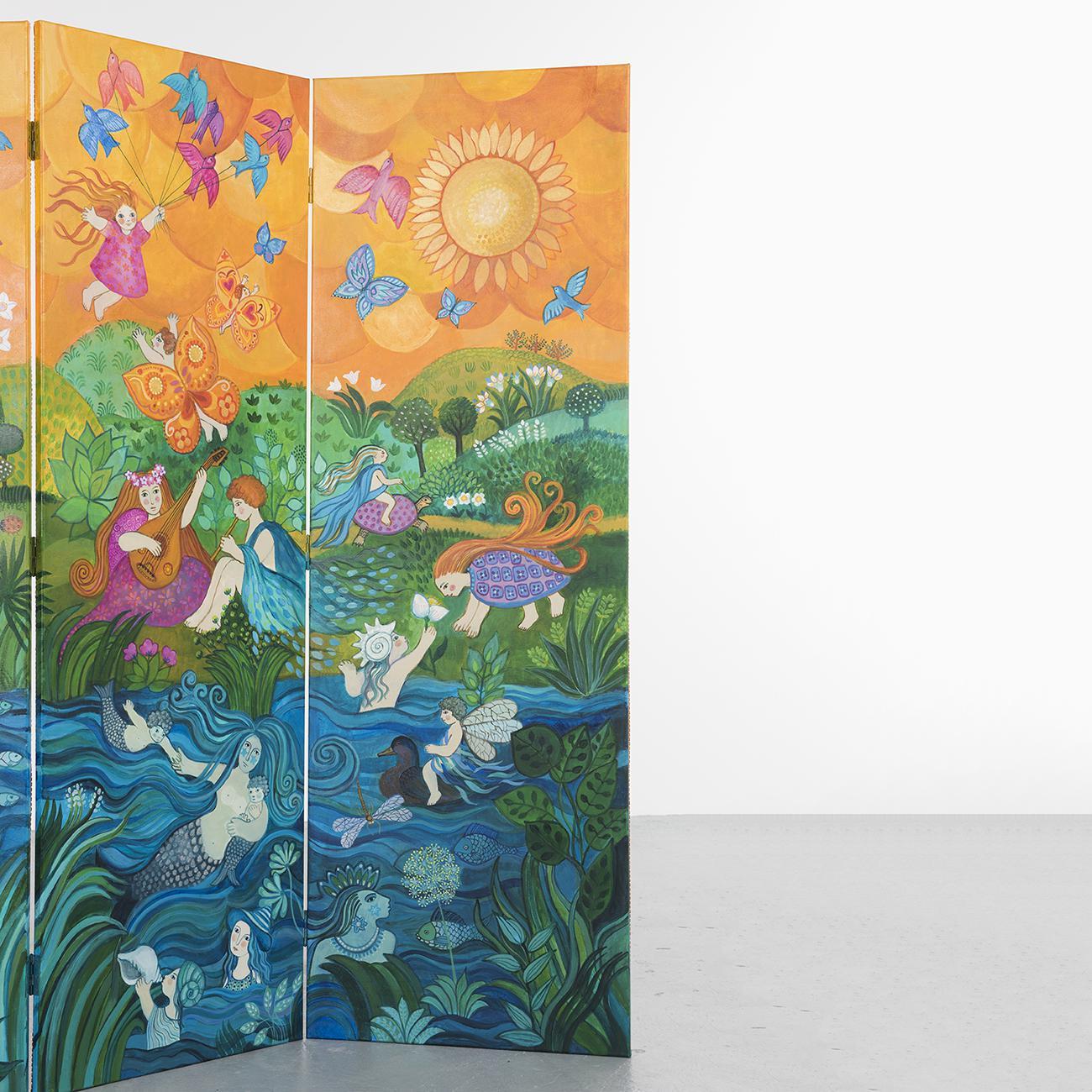 Wood Bucolic Folding Screen, Hand Painted by Girofla, France, circa 1990 For Sale