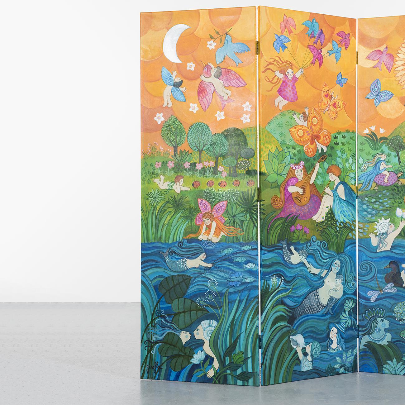 Bucolic Folding Screen, Hand Painted by Girofla, France, circa 1990 For Sale 1