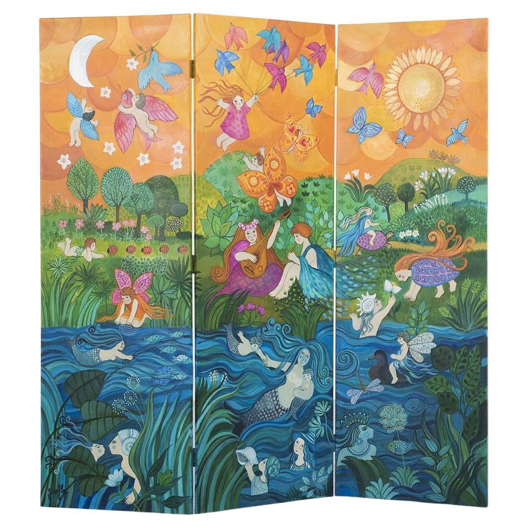 Bucolic Folding Screen, Hand Painted by Girofla, France, circa 1990 For Sale