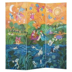 Vintage Bucolic Folding Screen, Hand Painted by Girofla, France, circa 1990