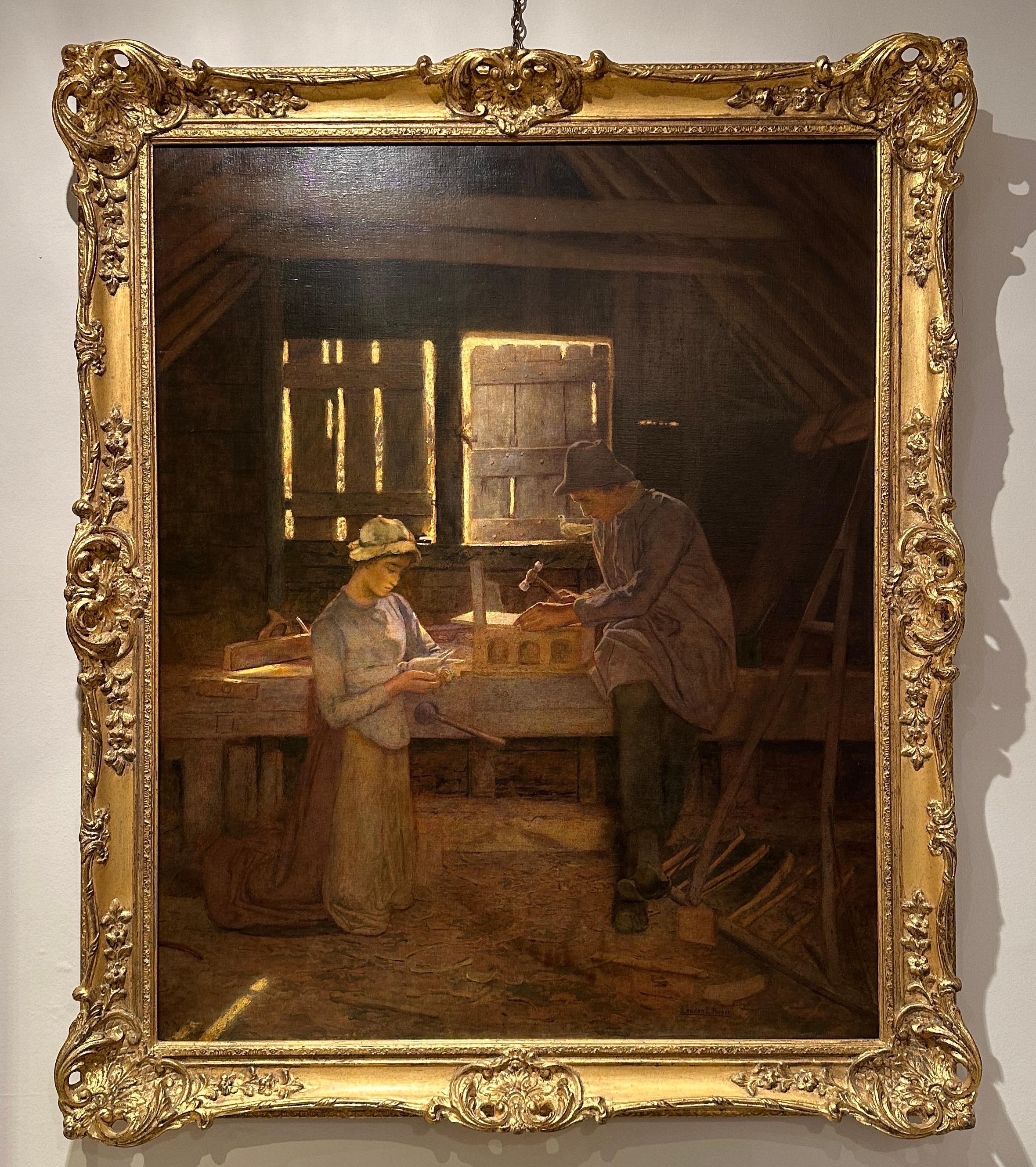 Bucolic Joinings’ by Lexden Lewis Pocock. 

Oil on canvas, depicting a kneeling maid and her swain in the carpenter’s shop, she tending a turtle dove, while it’s mate waits on the windows edge; the man at patient toil.

Lexden Lewis Pocock