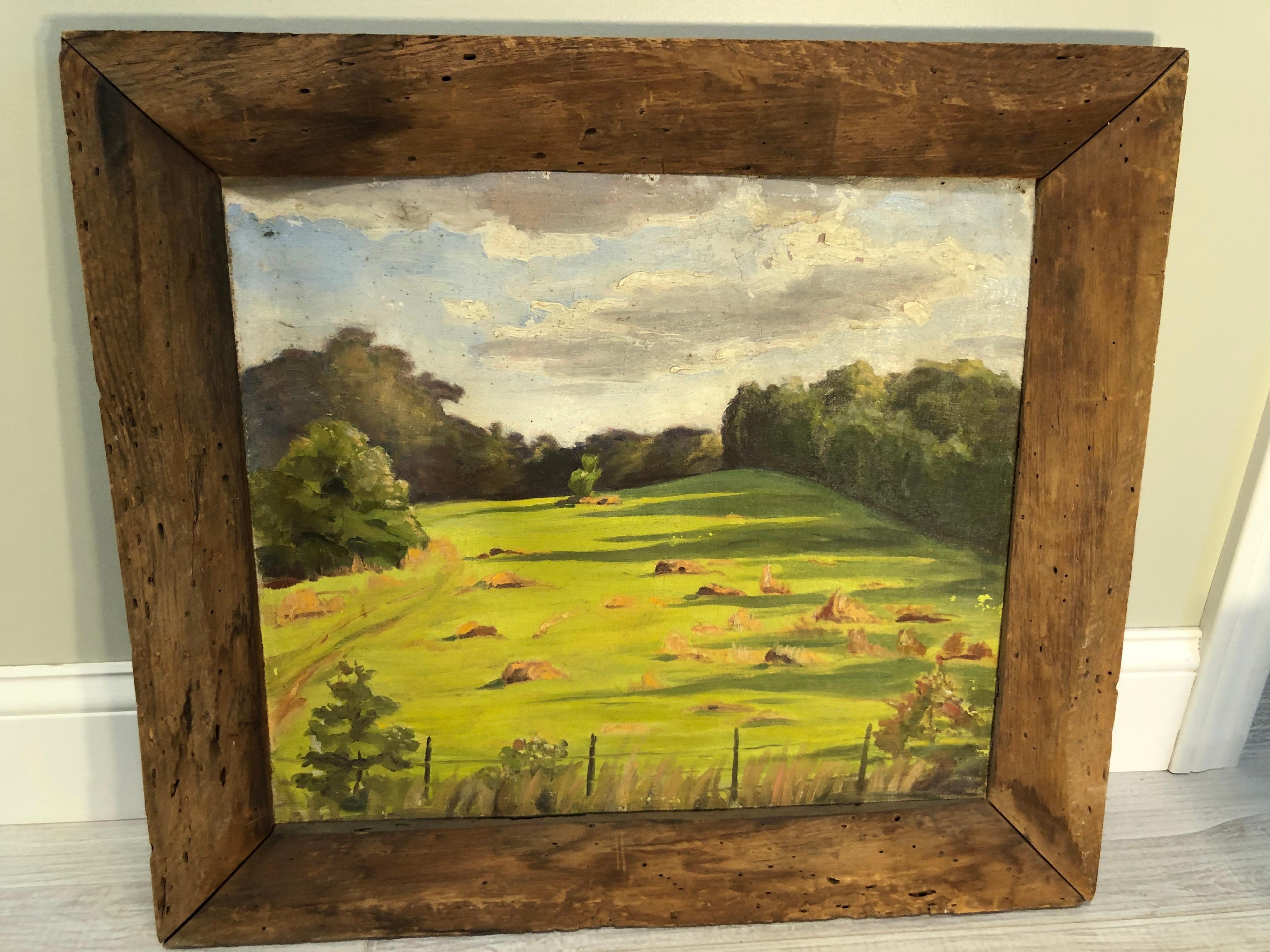 Bucolic Landscape in Primitive Barnwood frame. Nice square shape with a deep textural feel. The painting really draws you in . Floating clouds and green pastures make you want to fall asleep on the hay. this item can parcel ship for $49 domestically.