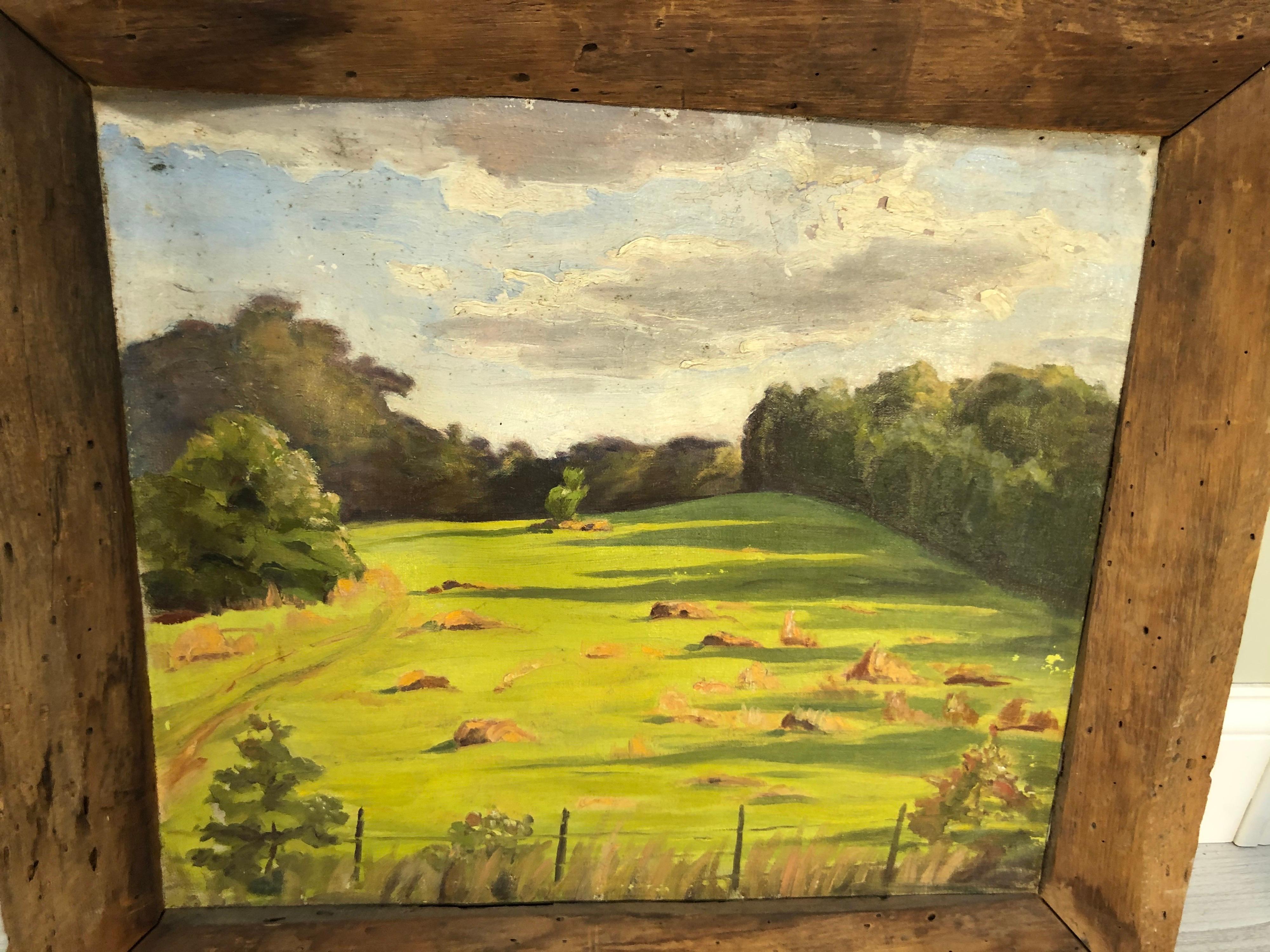Country Bucolic Landscape in Primitive Barnwood Frame For Sale