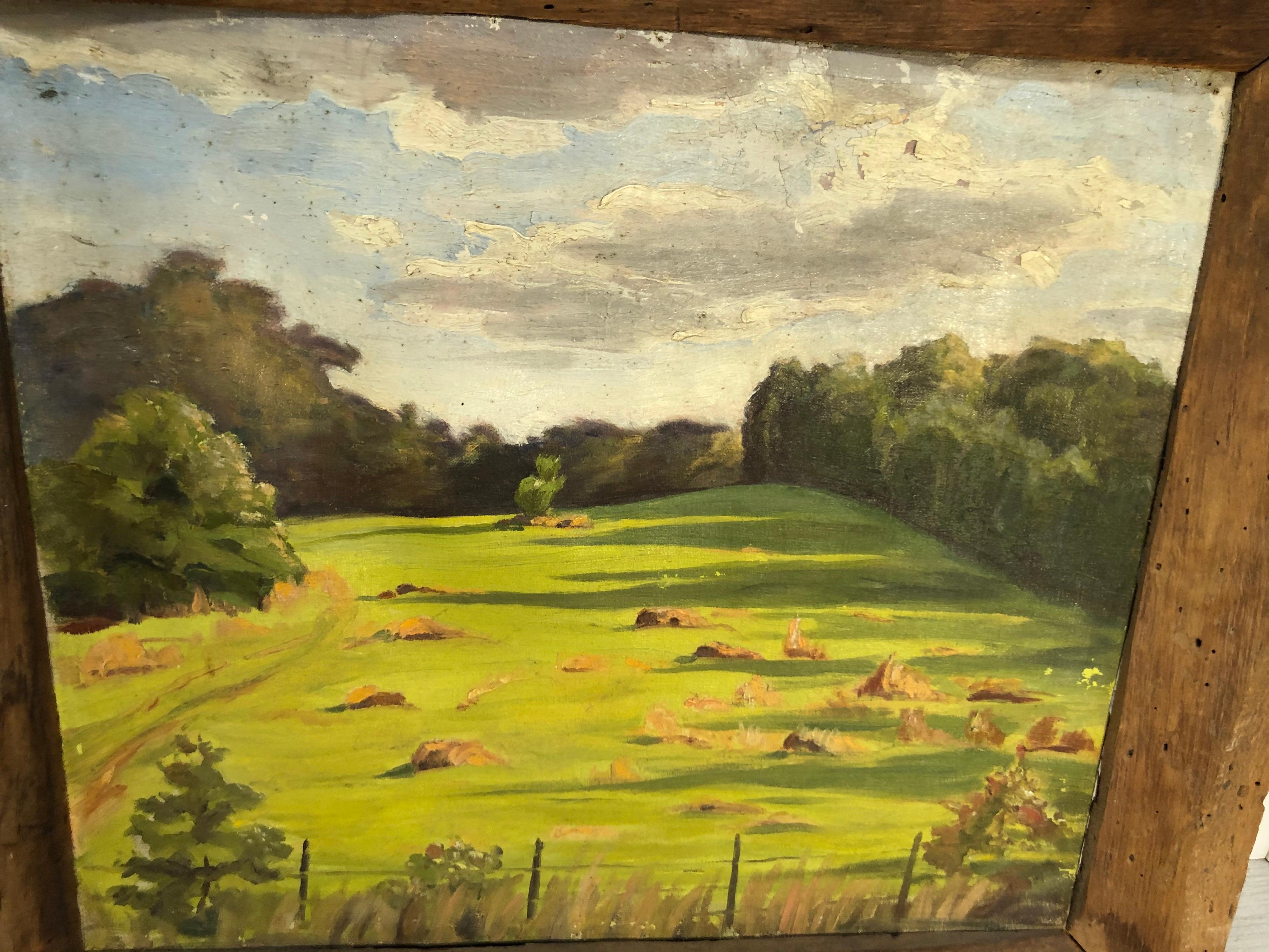 Bucolic Landscape in Primitive Barnwood Frame In Good Condition For Sale In Redding, CT