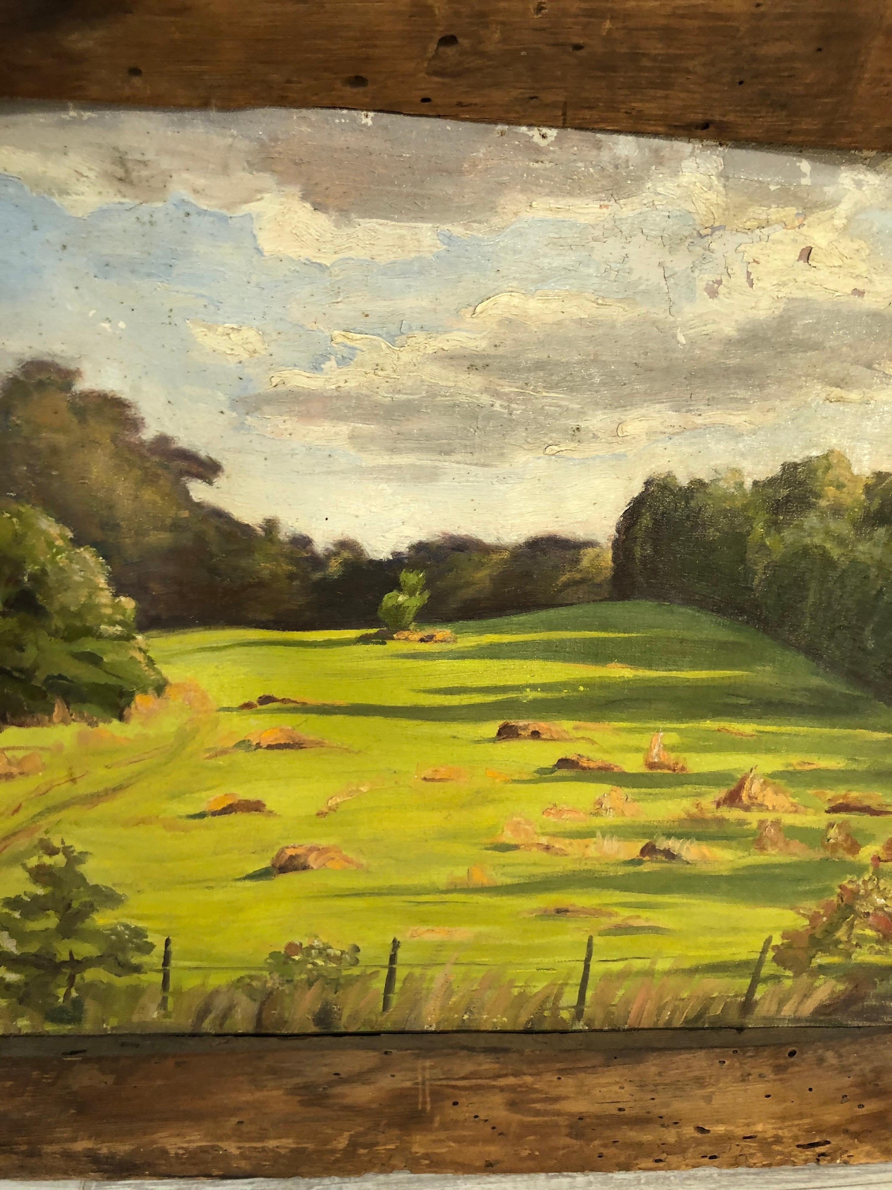 Canvas Bucolic Landscape in Primitive Barnwood Frame For Sale