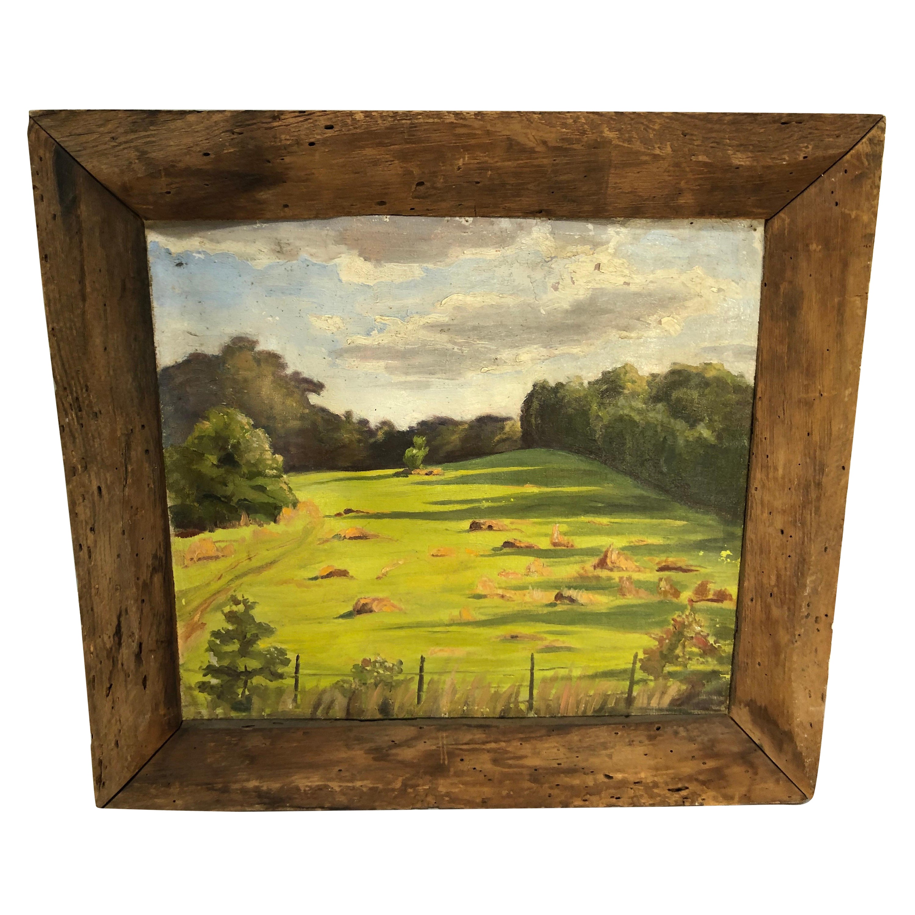 Paysage bucolique dans un cadre primitif en bois de grange en vente