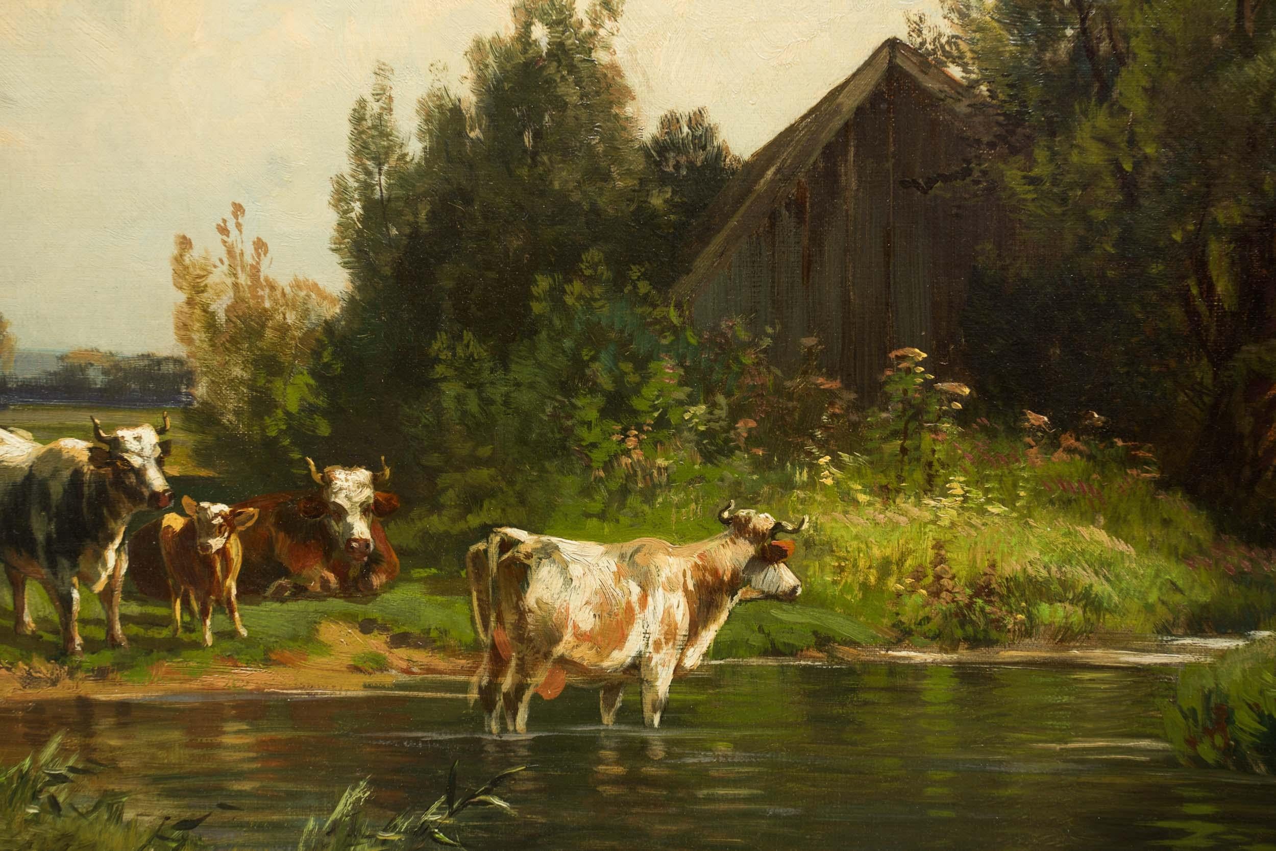 Giltwood Bucolic Landscape Painting of Cattle by Carl Weber