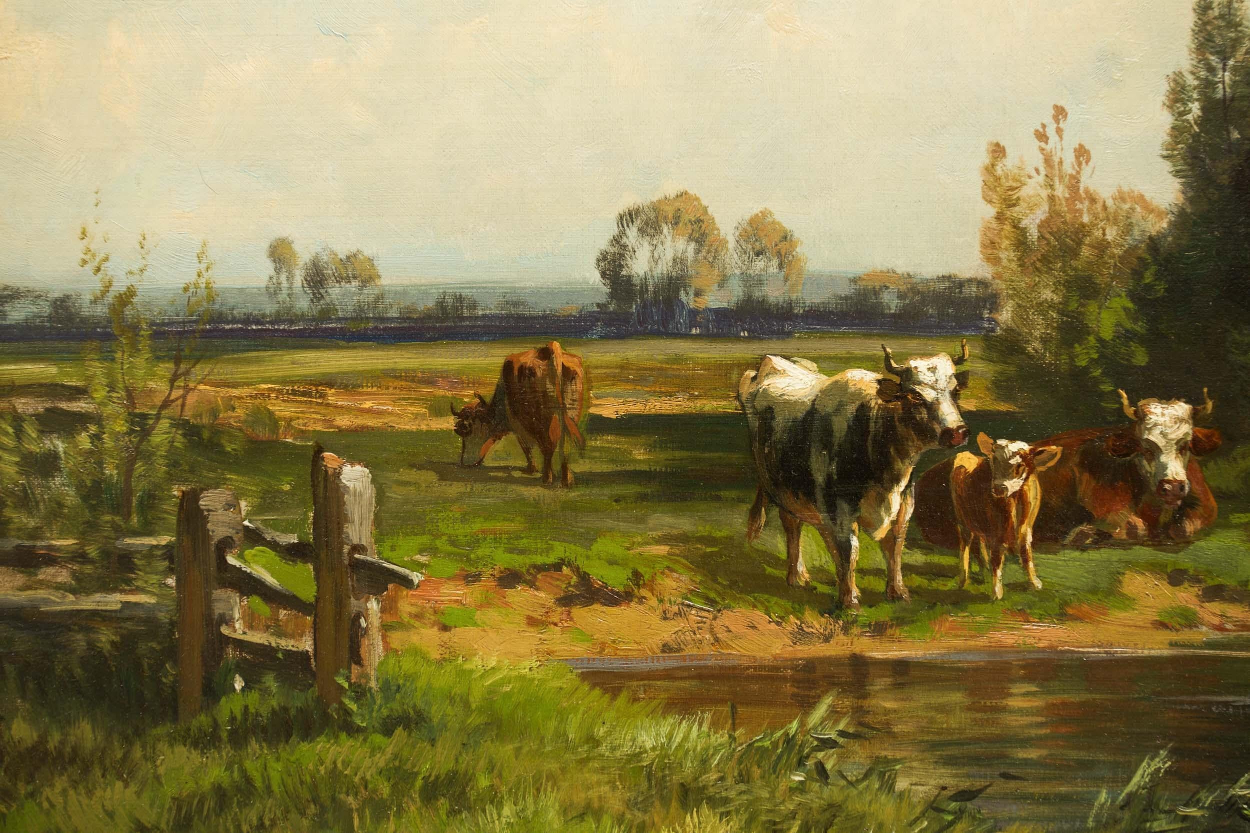 Bucolic Landscape Painting of Cattle by Carl Weber 1