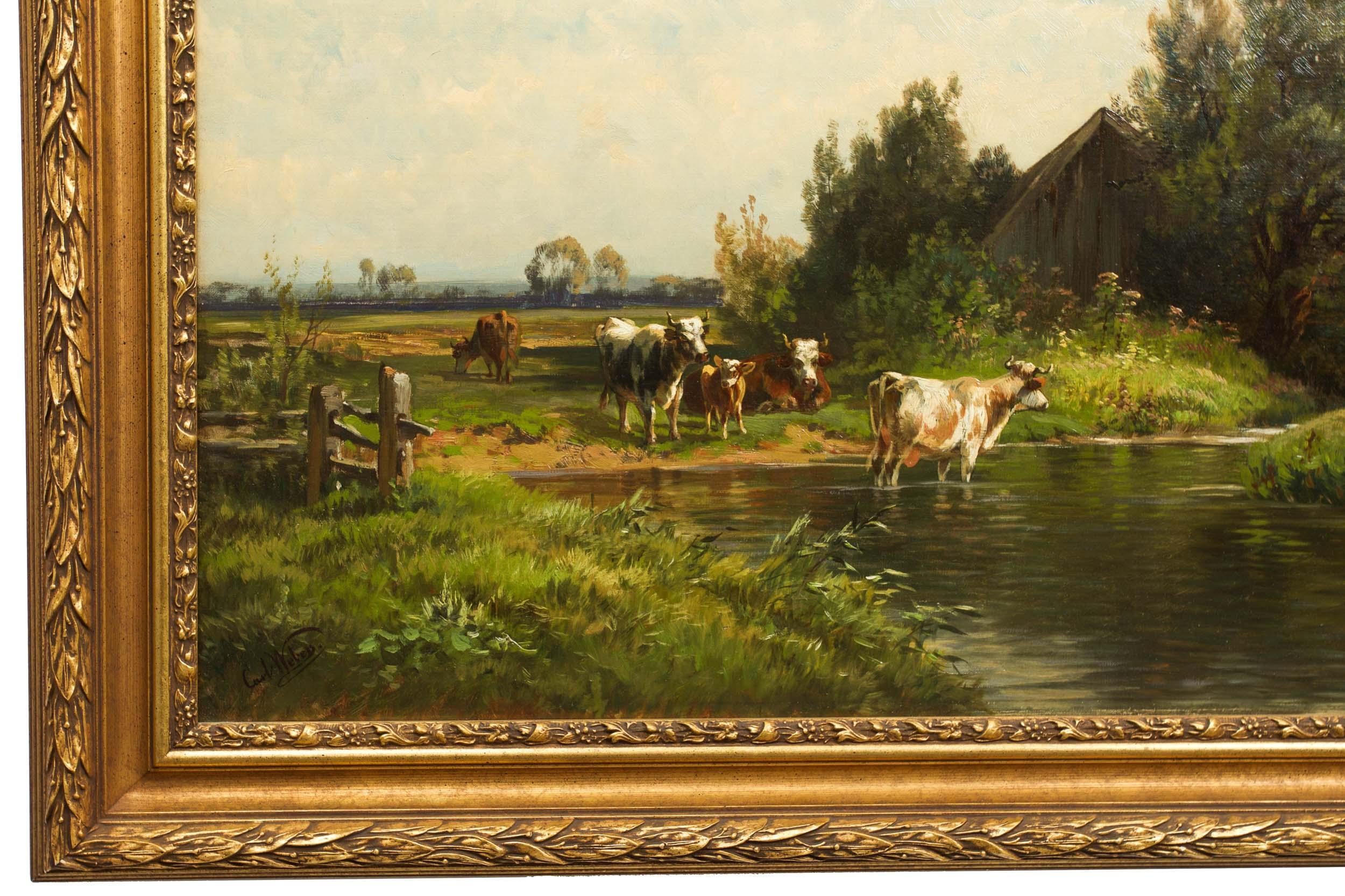 Bucolic Landscape Painting of Cattle by Carl Weber 9